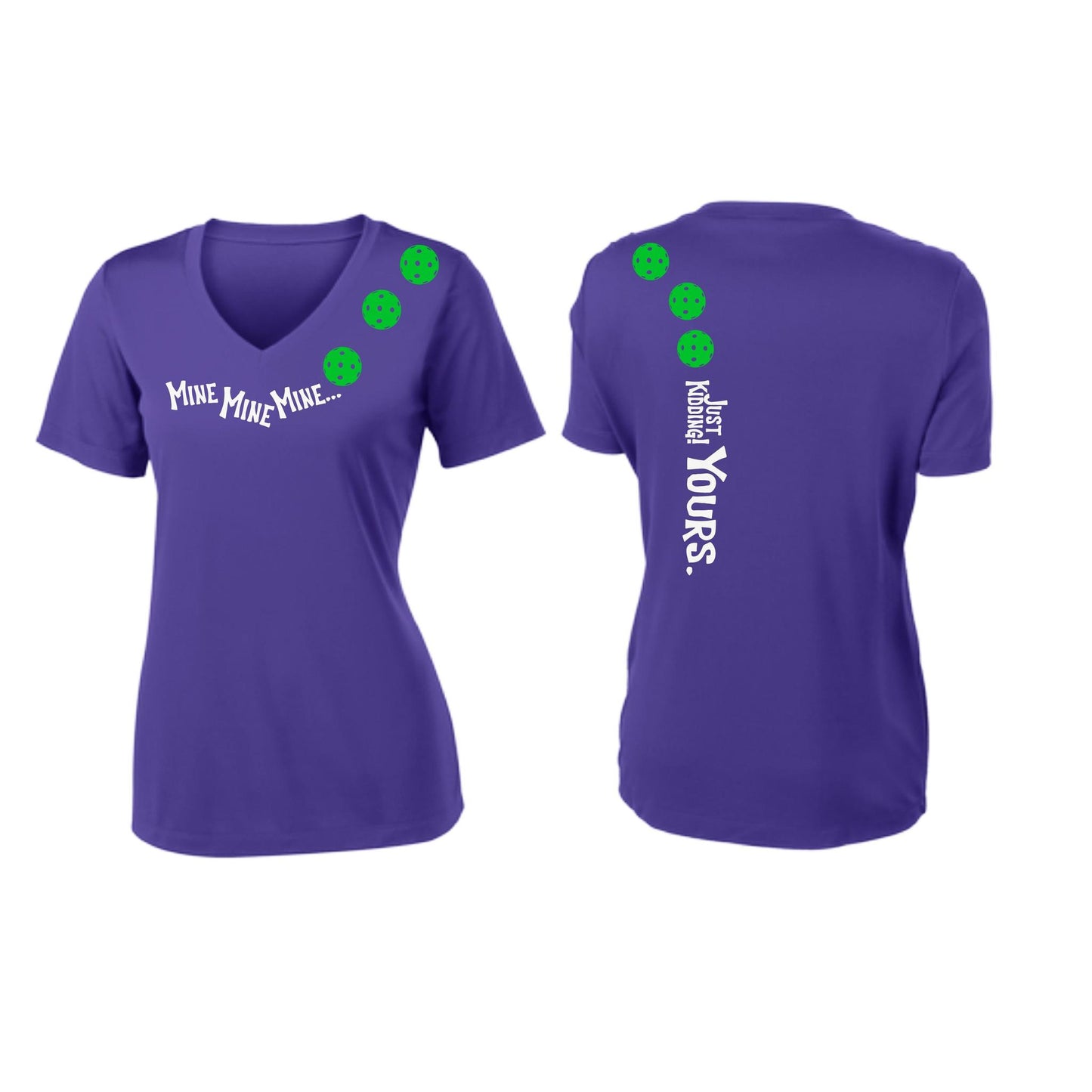 Mine JK Yours (Pickleballs Cyan Green Orange) | Women's Short Sleeve V-Neck Pickleball Performance T-Shirts | 100% Polyester