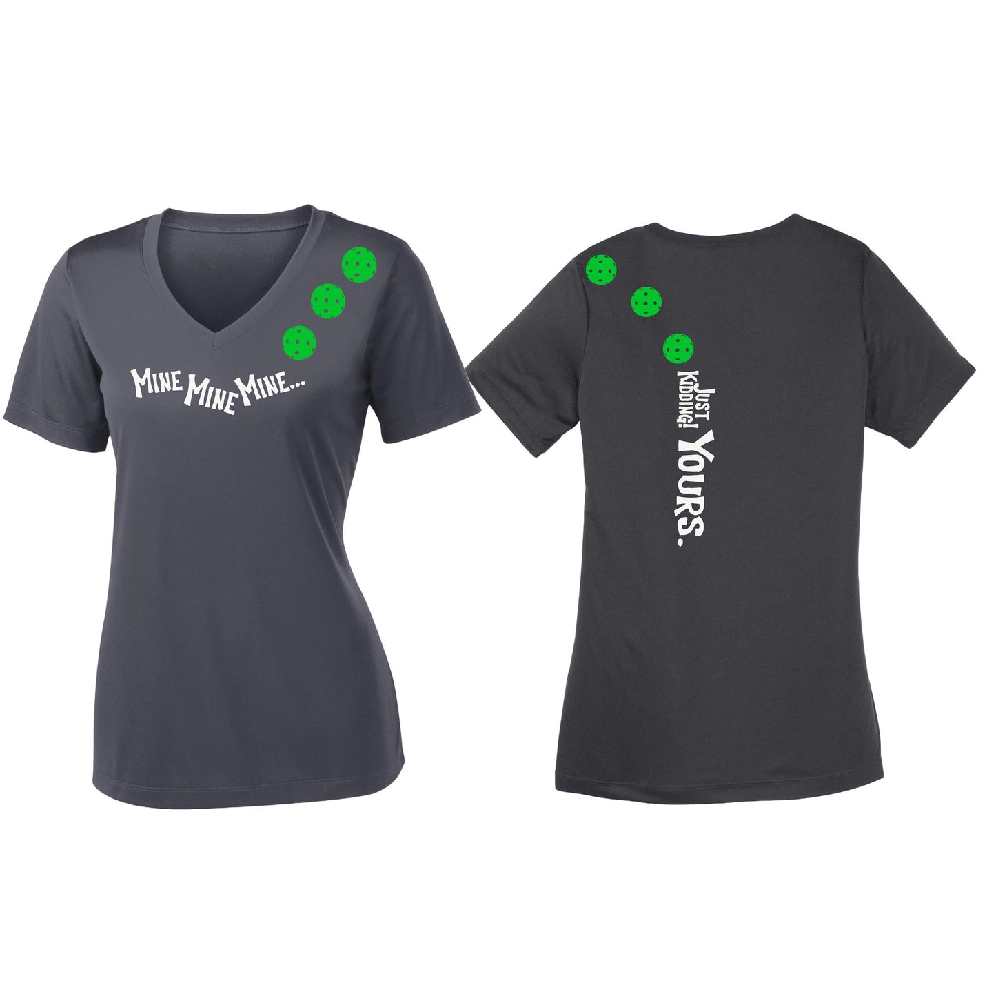 Mine JK Yours (Pickleballs Cyan Green Orange) | Women's Short Sleeve V-Neck Pickleball Performance T-Shirts | 100% Polyester