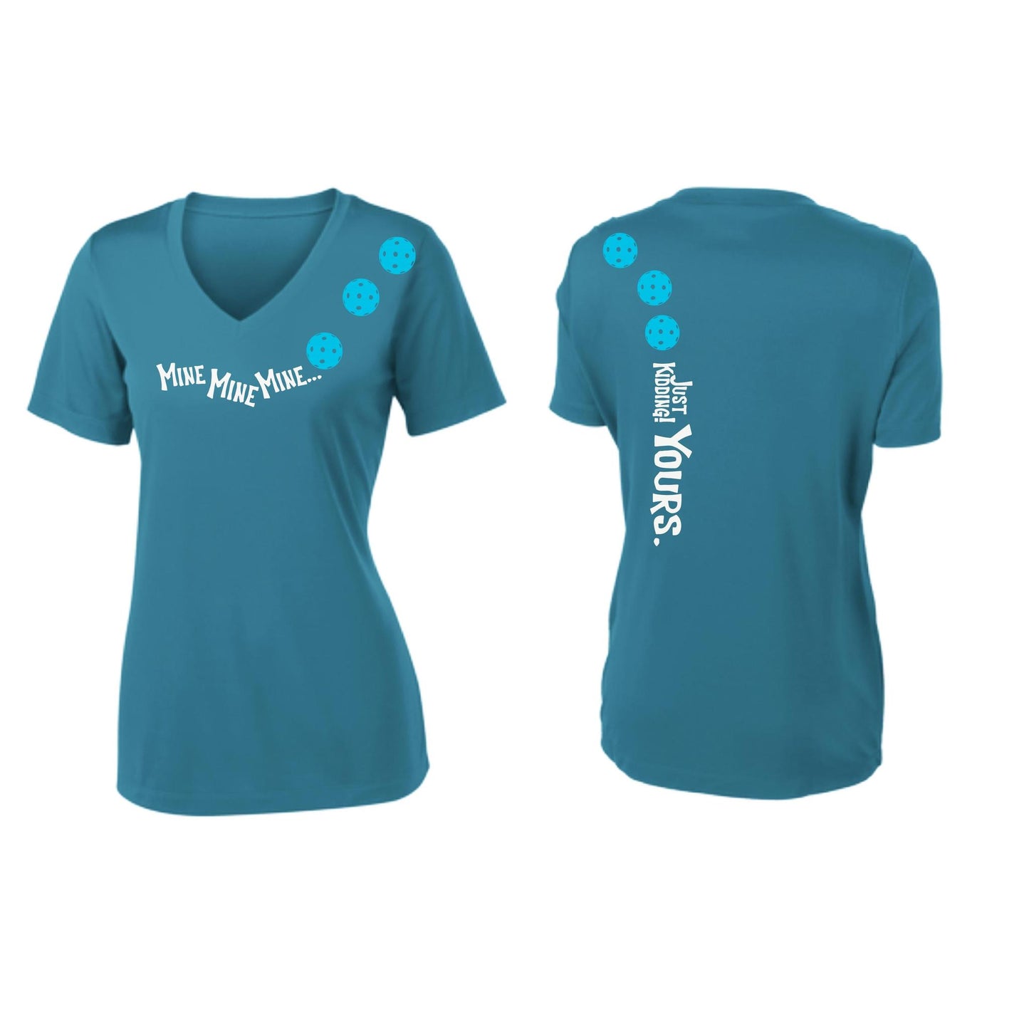 Mine JK Yours (Pickleballs Cyan Green Orange) | Women's Short Sleeve V-Neck Pickleball Performance T-Shirts | 100% Polyester