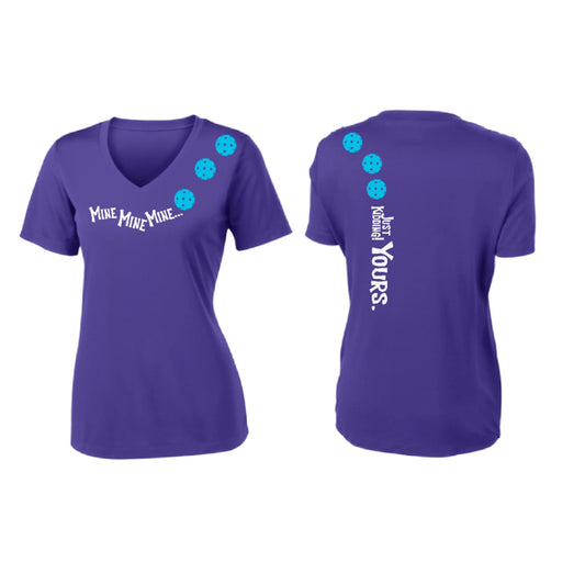 Mine JK Yours (Pickleballs Cyan Green Orange) | Women's Short Sleeve V-Neck Pickleball Performance T-Shirts | 100% Polyester