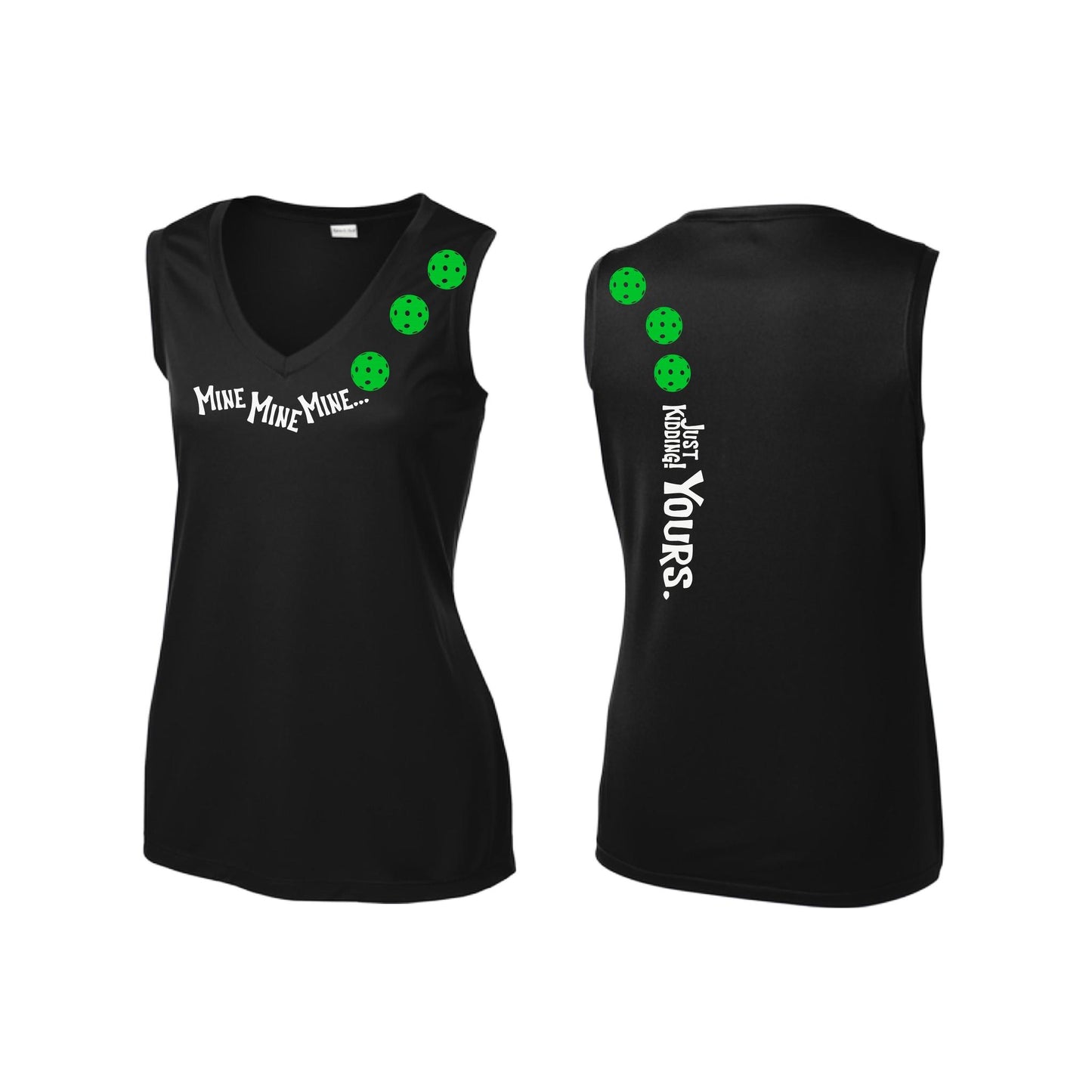 Mine JK Yours (Pickleballs Cyan Green Orange) | Women’s Sleeveless Athletic Performance T-Shirt | 100% Polyester