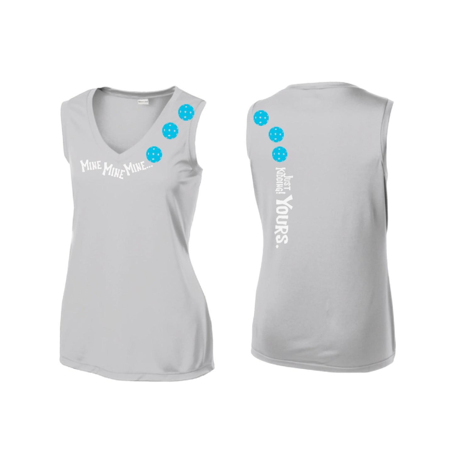 Mine JK Yours (Pickleballs Cyan Green Orange) | Women’s Sleeveless Athletic Performance T-Shirt | 100% Polyester