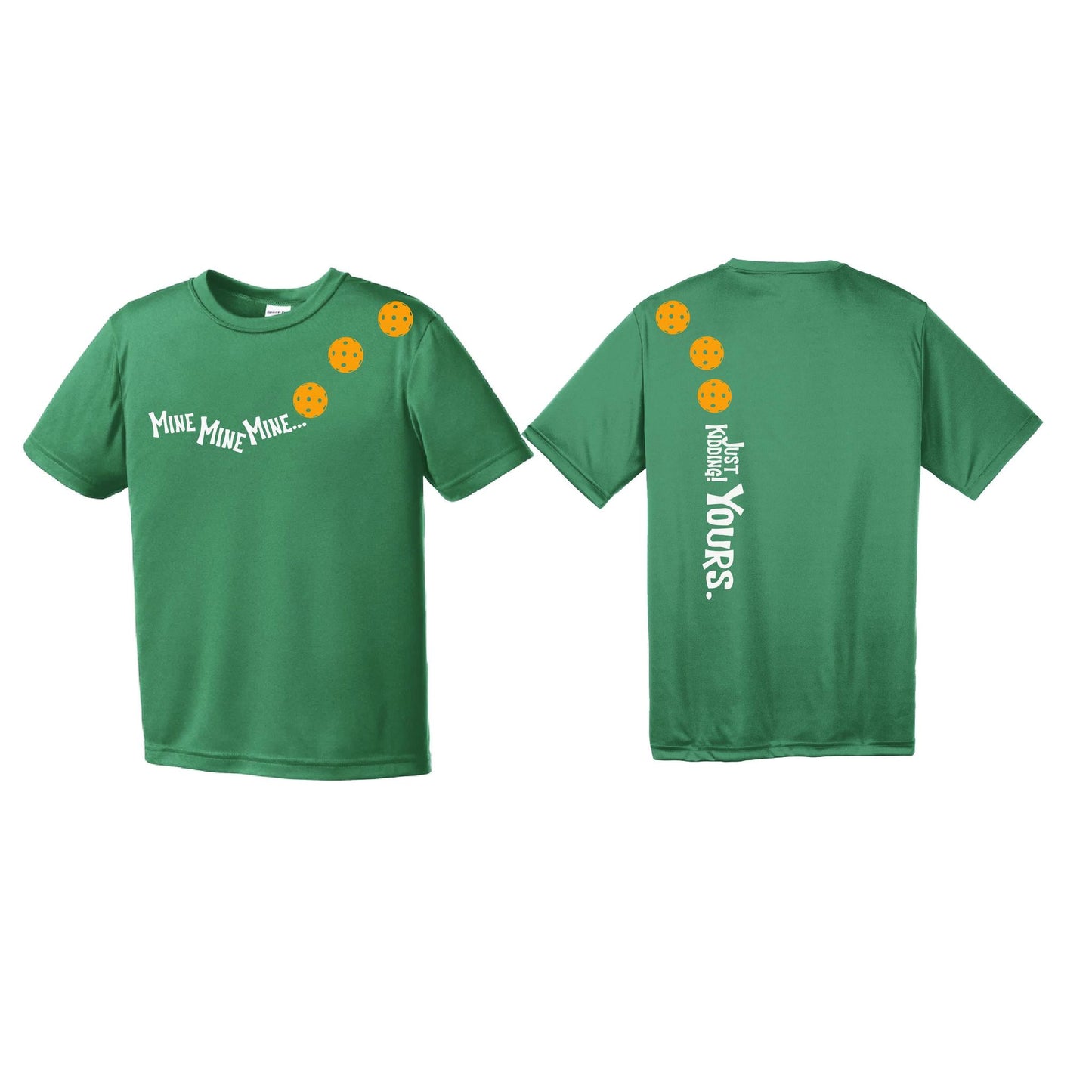 Mine JK Yours (Pickleballs Cyan Green Orange) | Youth Short Sleeve Pickleball Performance T-Shirts | 100% Polyester