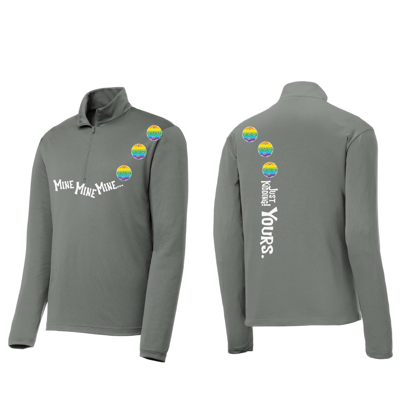Mine JK Yours (Pickleballs Pink Purple Rainbow) | Men's 1/4 Zip Long Sleeve Pullover Athletic Shirt | 100% Polyester