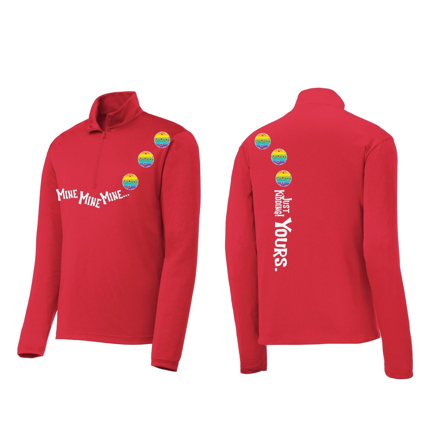 Mine JK Yours (Pickleballs Pink Purple Rainbow) | Men's 1/4 Zip Long Sleeve Pullover Athletic Shirt | 100% Polyester