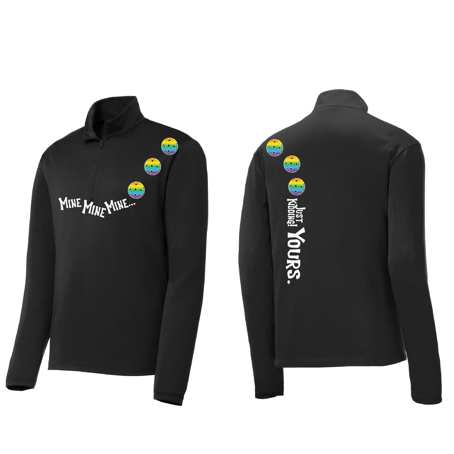Mine JK Yours (Pickleballs Pink Purple Rainbow) | Men's 1/4 Zip Long Sleeve Pullover Athletic Shirt | 100% Polyester