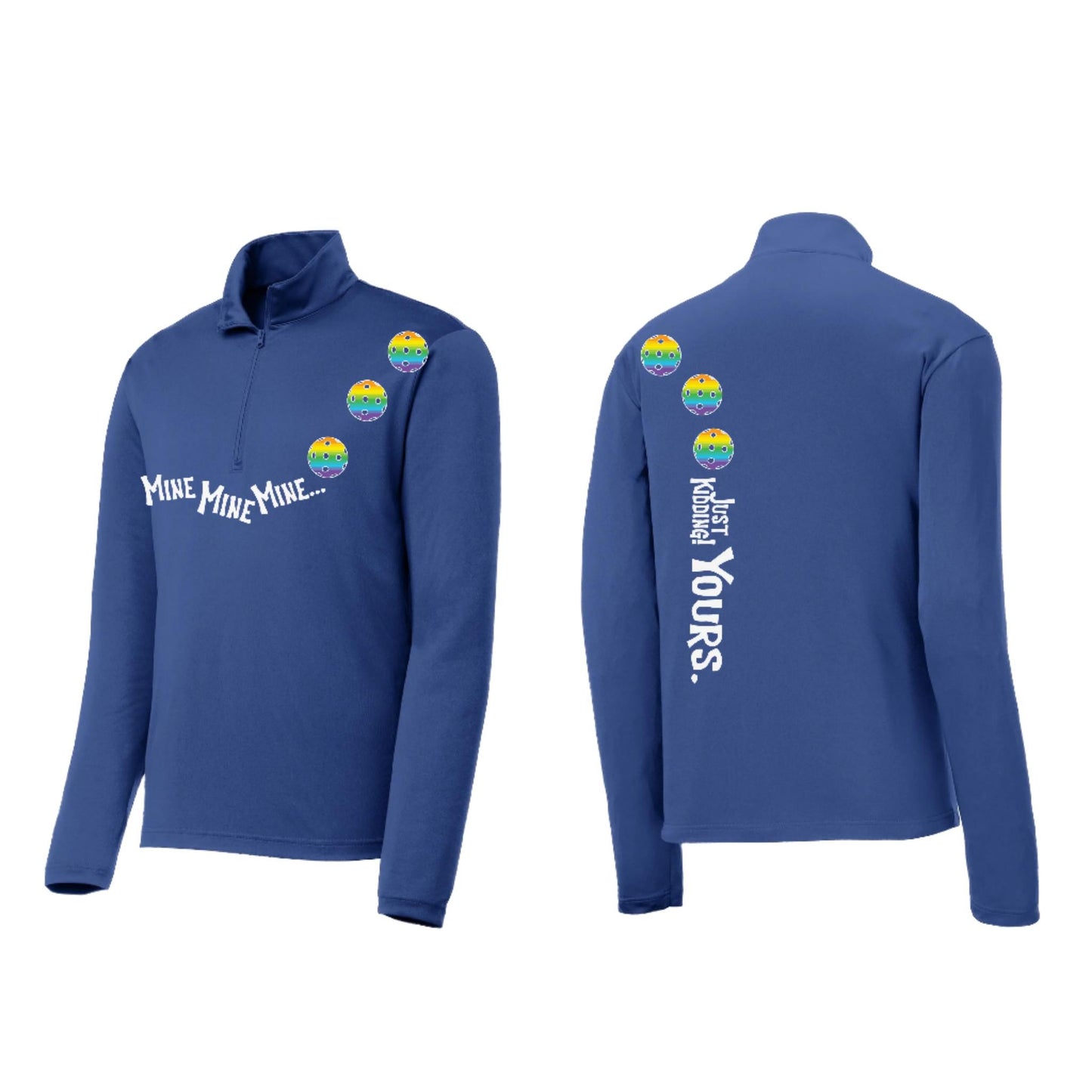 Mine JK Yours (Pickleballs Pink Purple Rainbow) | Men's 1/4 Zip Long Sleeve Pullover Athletic Shirt | 100% Polyester