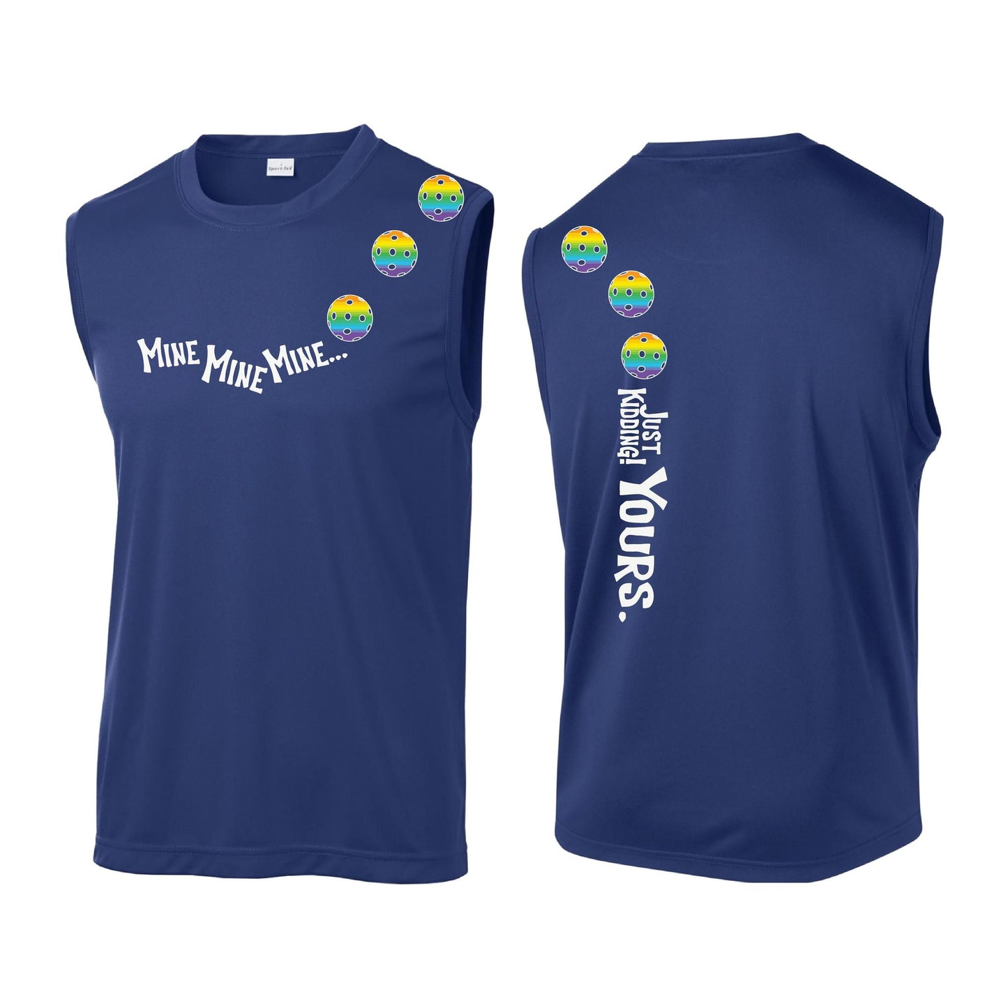 Mine JK Yours (Pickleballs Pink Purple Rainbow) | Men's Sleeveless Athletic Performance T-Shirt | 100% Polyester