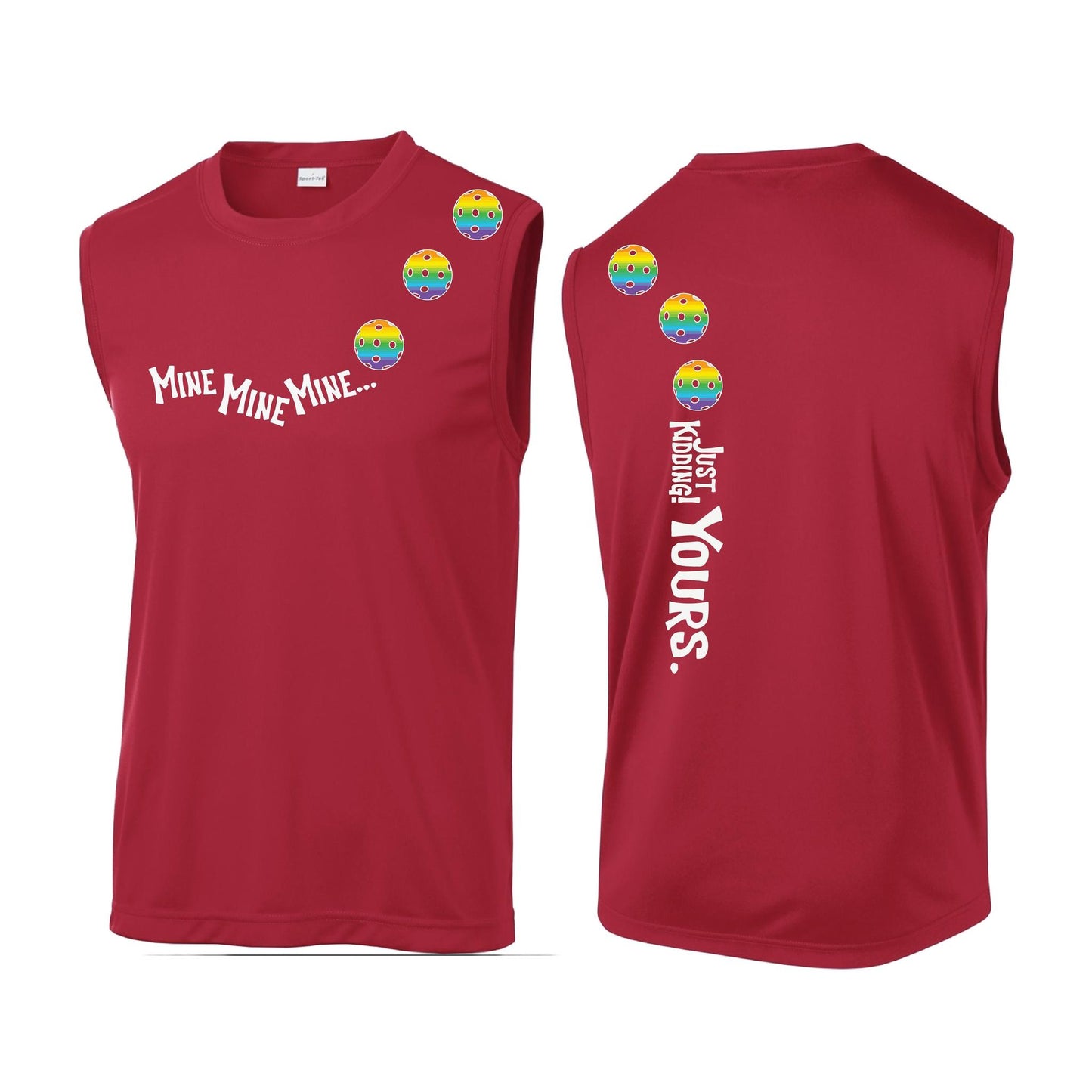 Mine JK Yours (Pickleballs Pink Purple Rainbow) | Men's Sleeveless Athletic Performance T-Shirt | 100% Polyester