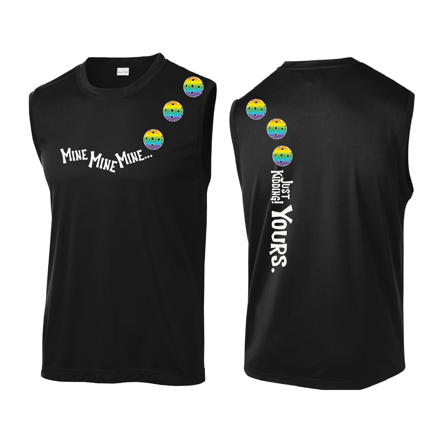 Mine JK Yours (Pickleballs Pink Purple Rainbow) | Men's Sleeveless Athletic Performance T-Shirt | 100% Polyester