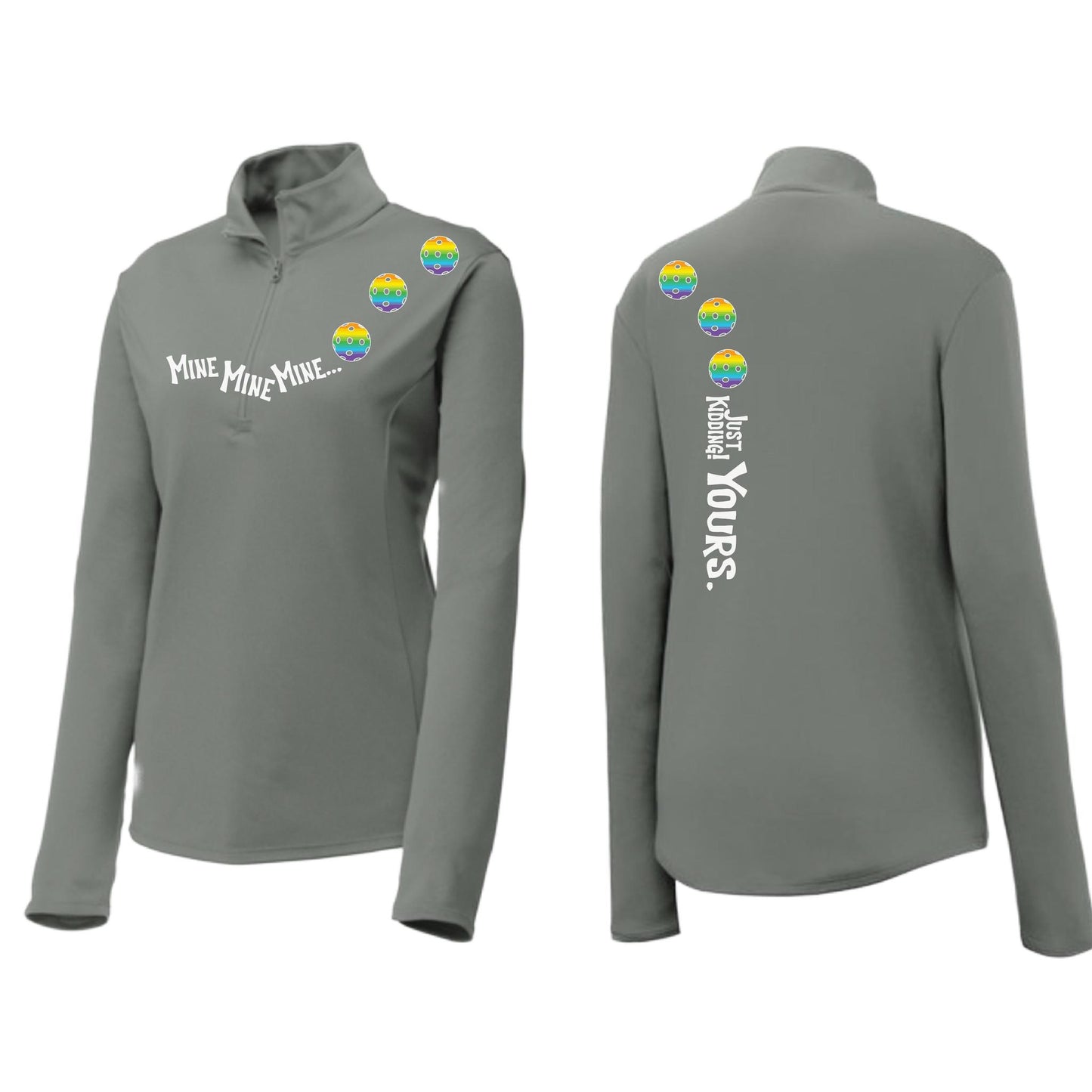 Mine JK Yours (Pickleballs Pink Purple Rainbow) | Women's 1/4 Zip Pickleball Performance Pullover Shirt | 100% Polyester
