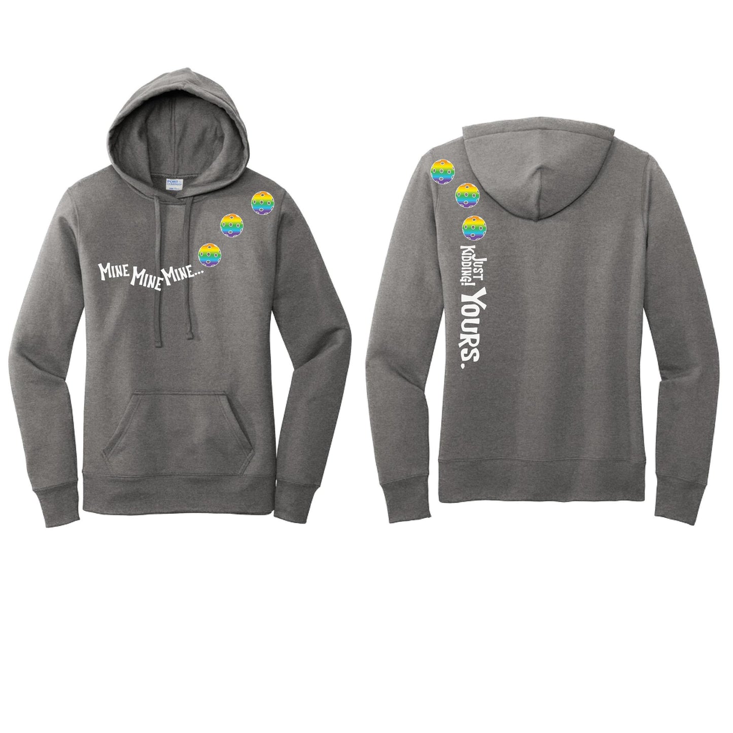 Mine JK Yours (Pickleballs Pink Purple Rainbow) | Women’s Fitted Hoodie Pickleball Sweatshirt | 50% Cotton 50% Poly Fleece