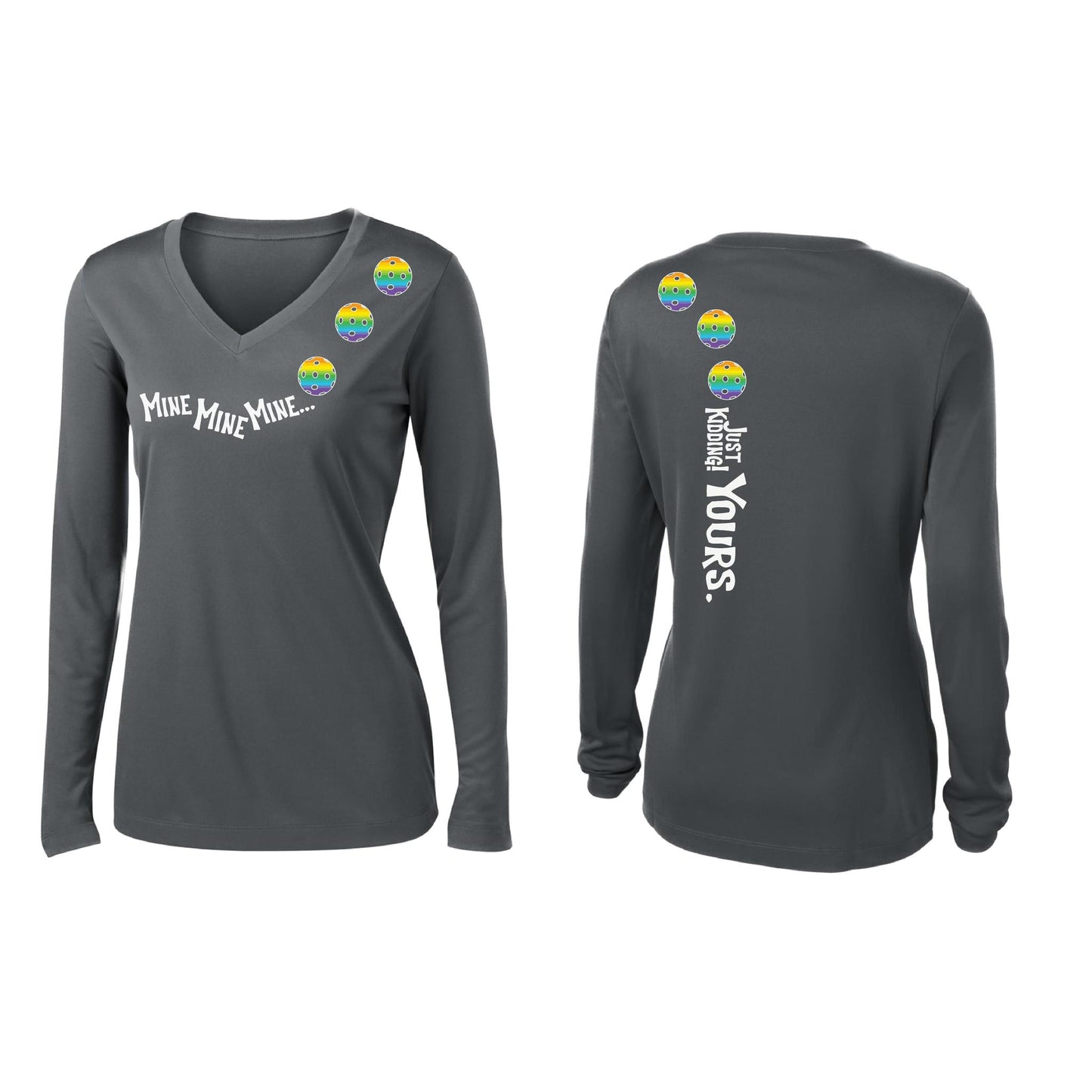 Mine JK Yours (Pickleballs Pink Purple Rainbow) | Women’s Long Sleeve V-Neck Pickleball Performance T-Shirt | 100% Polyester