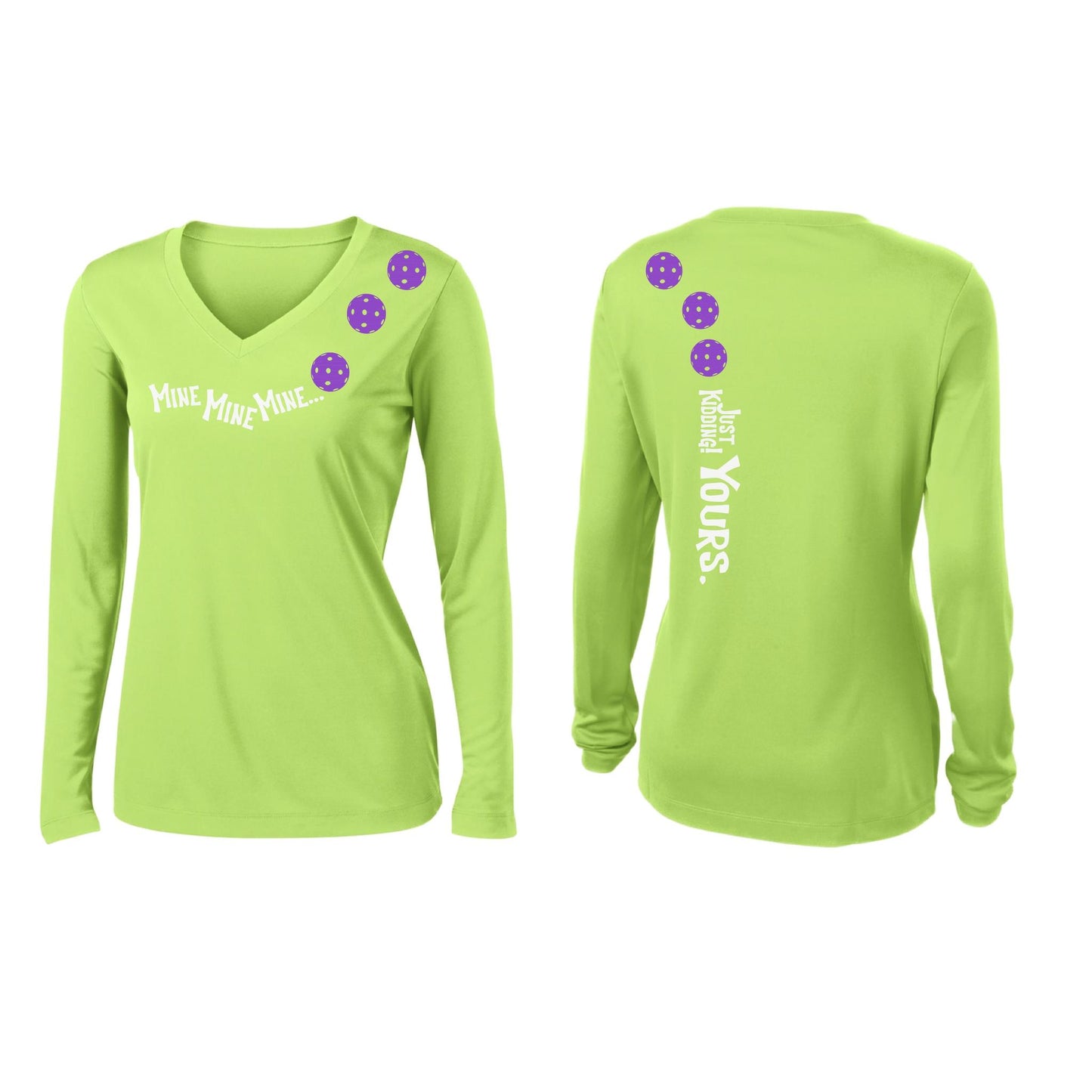 Mine JK Yours (Pickleballs Pink Purple Rainbow) | Women’s Long Sleeve V-Neck Pickleball Performance T-Shirt | 100% Polyester