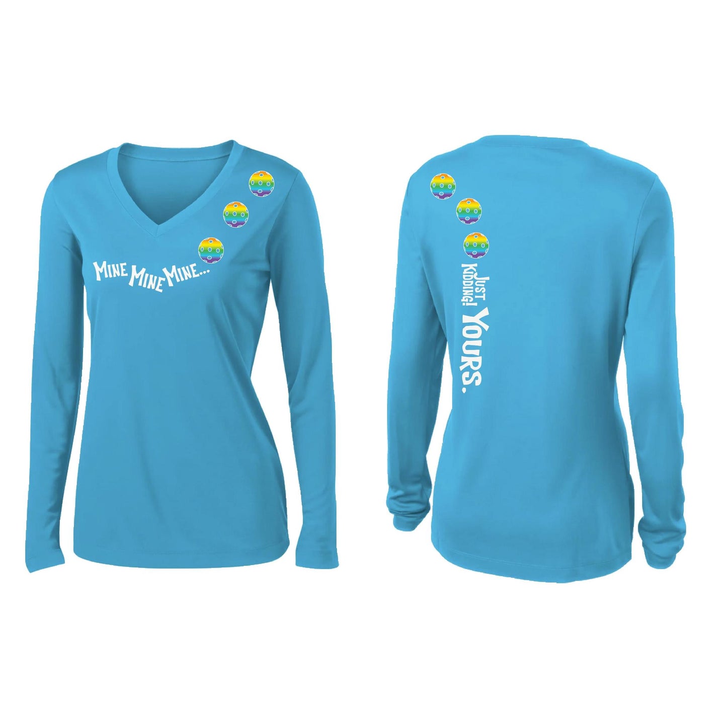 Mine JK Yours (Pickleballs Pink Purple Rainbow) | Women’s Long Sleeve V-Neck Pickleball Performance T-Shirt | 100% Polyester