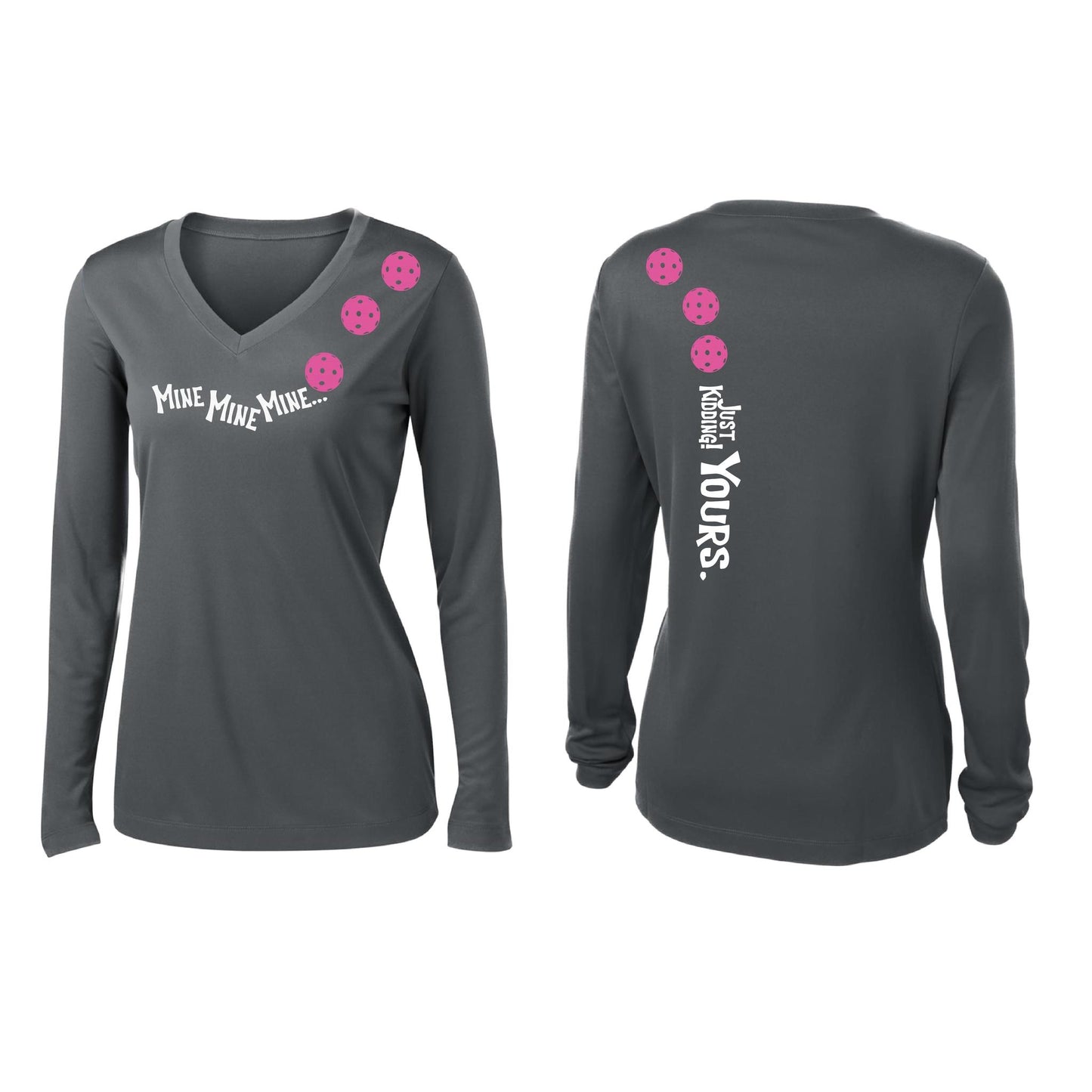 Mine JK Yours (Pickleballs Pink Purple Rainbow) | Women’s Long Sleeve V-Neck Pickleball Performance T-Shirt | 100% Polyester