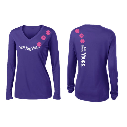 Mine JK Yours (Pickleballs Pink Purple Rainbow) | Women’s Long Sleeve V-Neck Pickleball Performance T-Shirt | 100% Polyester