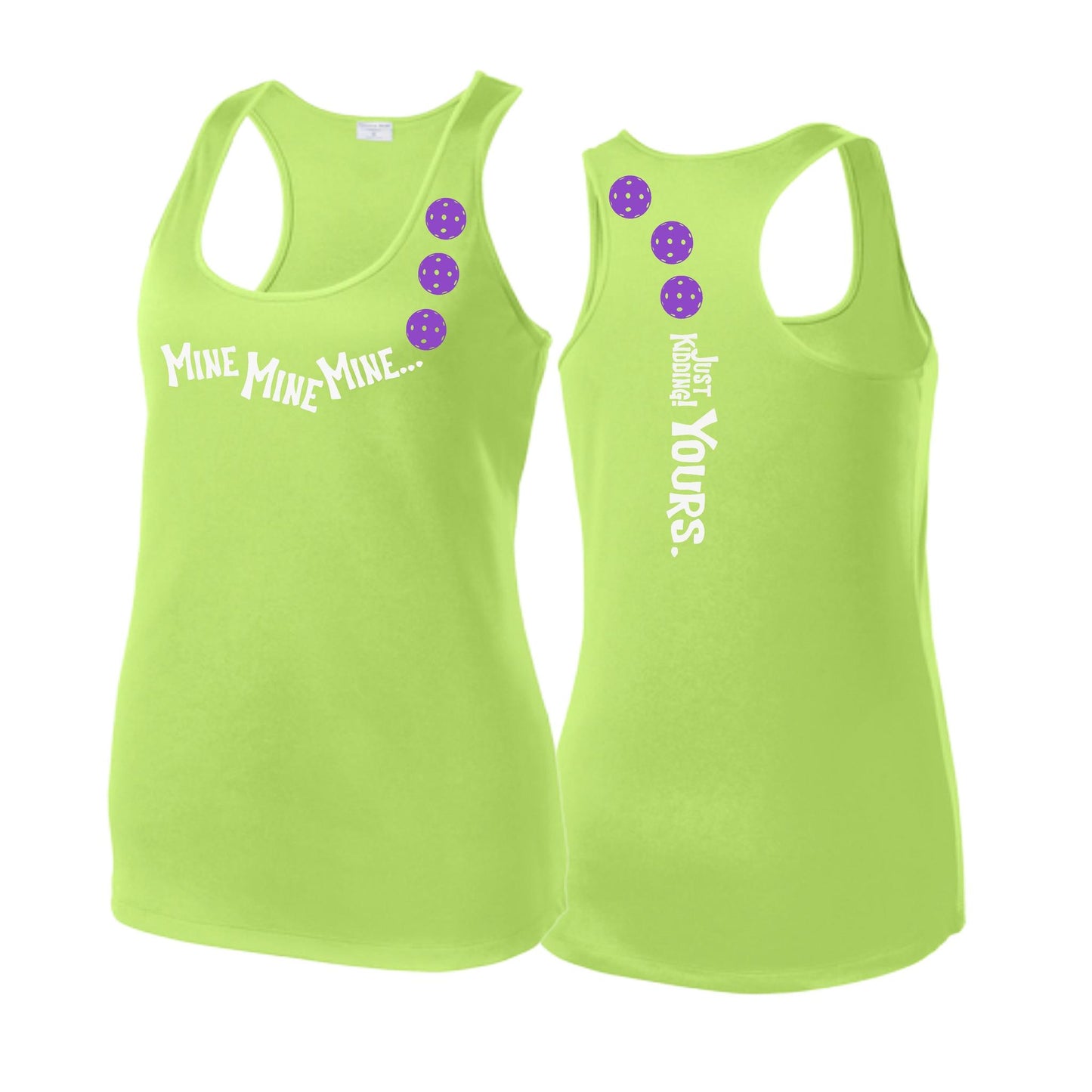 Mine JK Yours (Pickleballs Pink Purple Rainbow) | Women's Racerback Pickleball Tank | 100% Polyester