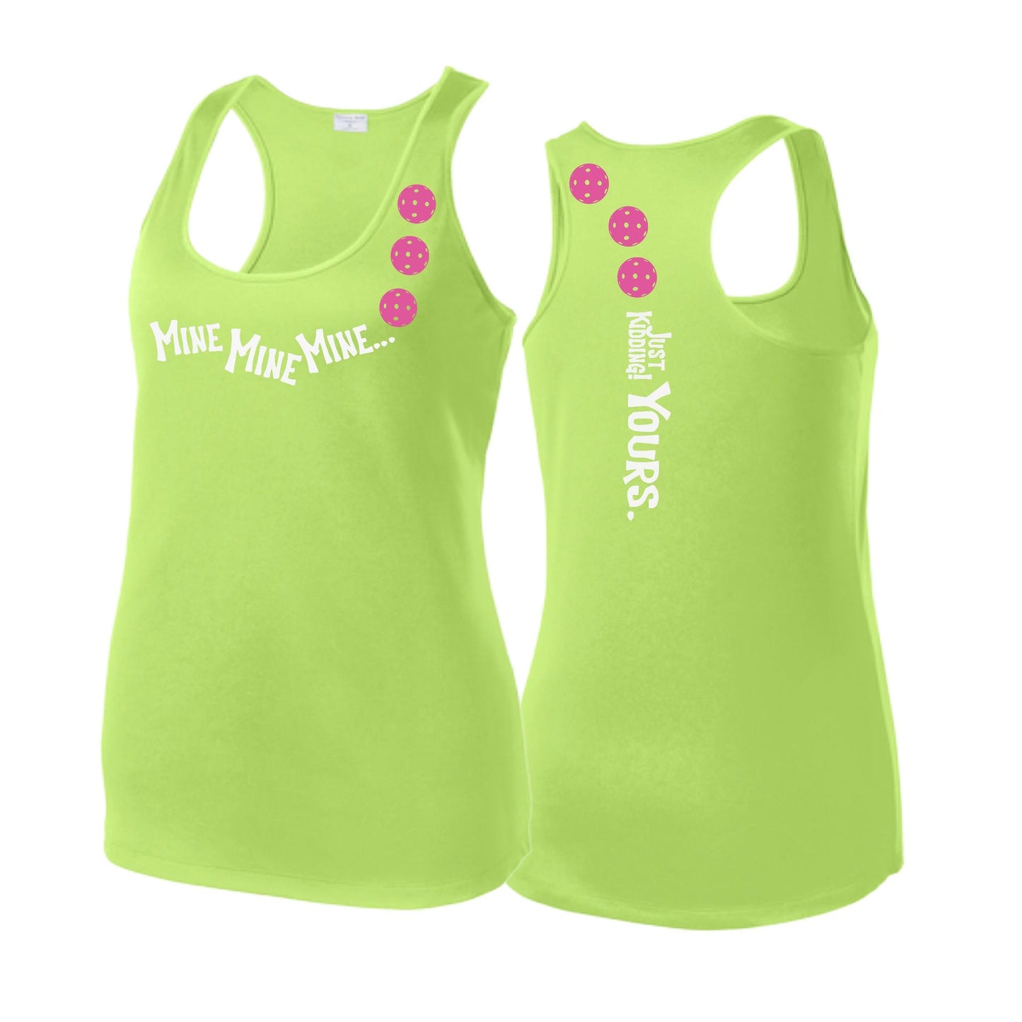 Mine JK Yours (Pickleballs Pink Purple Rainbow) | Women's Racerback Pickleball Tank | 100% Polyester