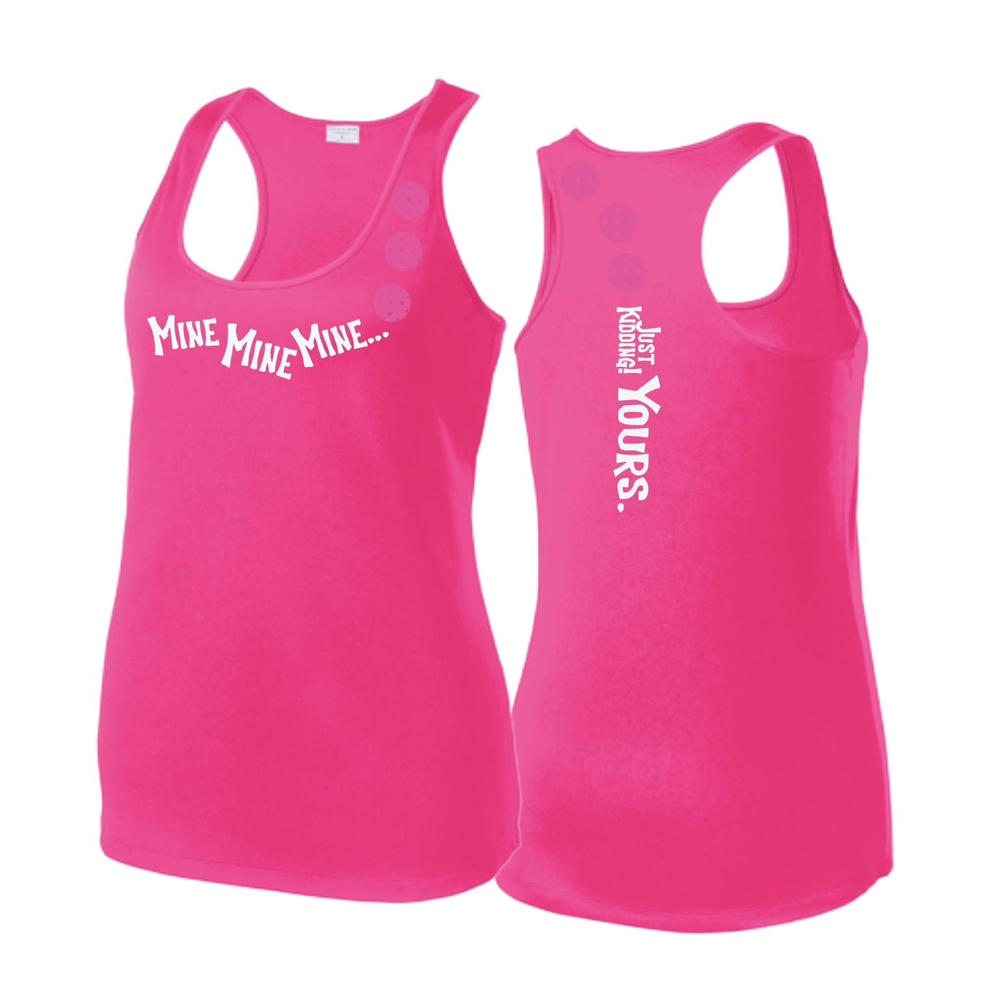 Mine JK Yours (Pickleballs Pink Purple Rainbow) | Women's Racerback Pickleball Tank | 100% Polyester