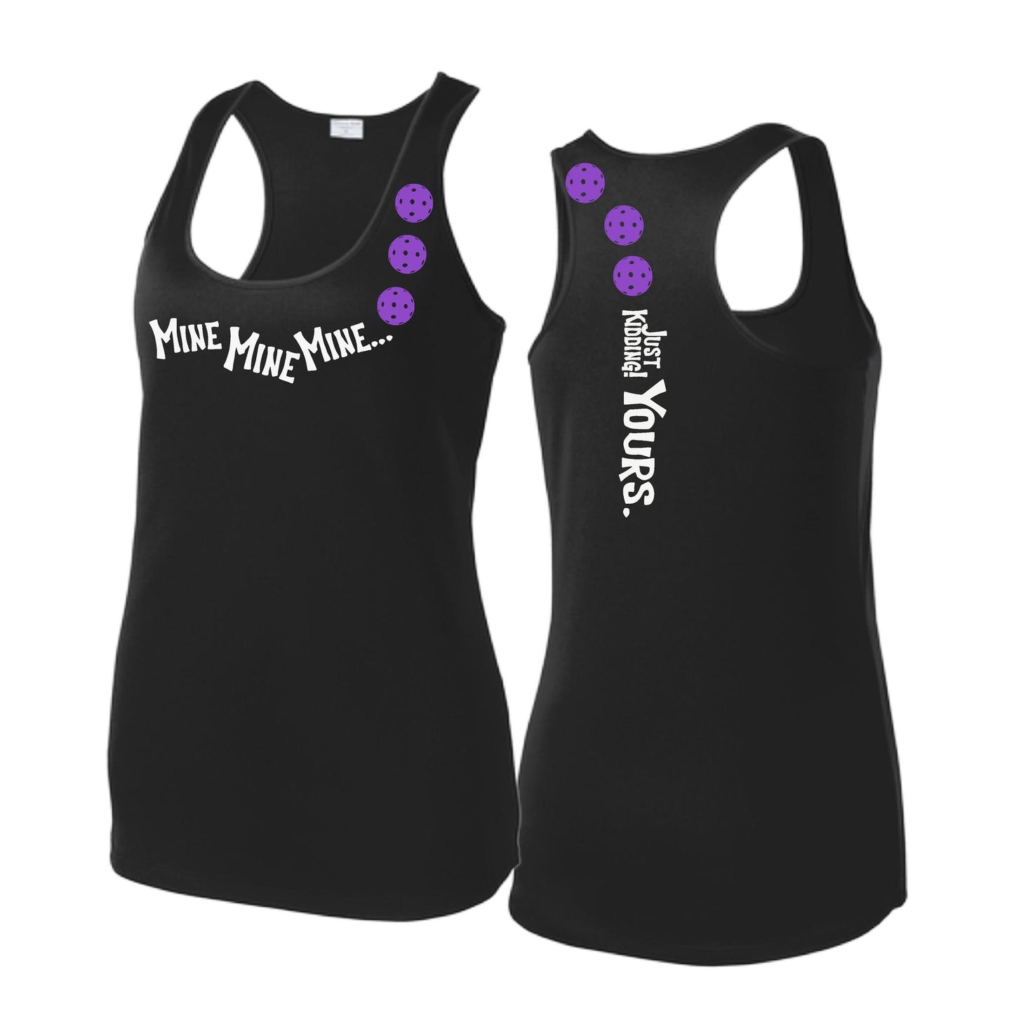 Mine JK Yours (Pickleballs Pink Purple Rainbow) | Women's Racerback Pickleball Tank | 100% Polyester