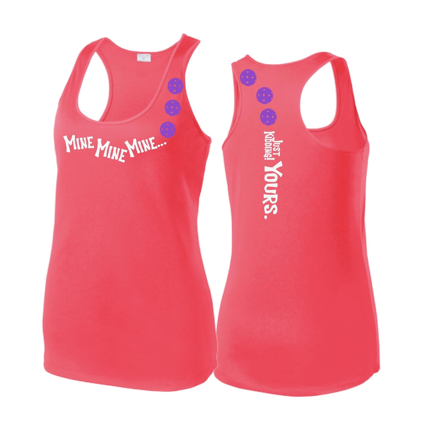 Mine JK Yours (Pickleballs Pink Purple Rainbow) | Women's Racerback Pickleball Tank | 100% Polyester