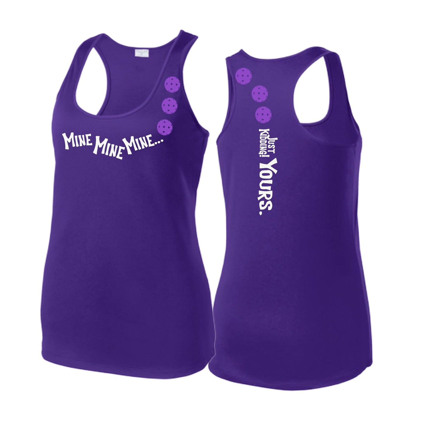 Mine JK Yours (Pickleballs Pink Purple Rainbow) | Women's Racerback Pickleball Tank | 100% Polyester