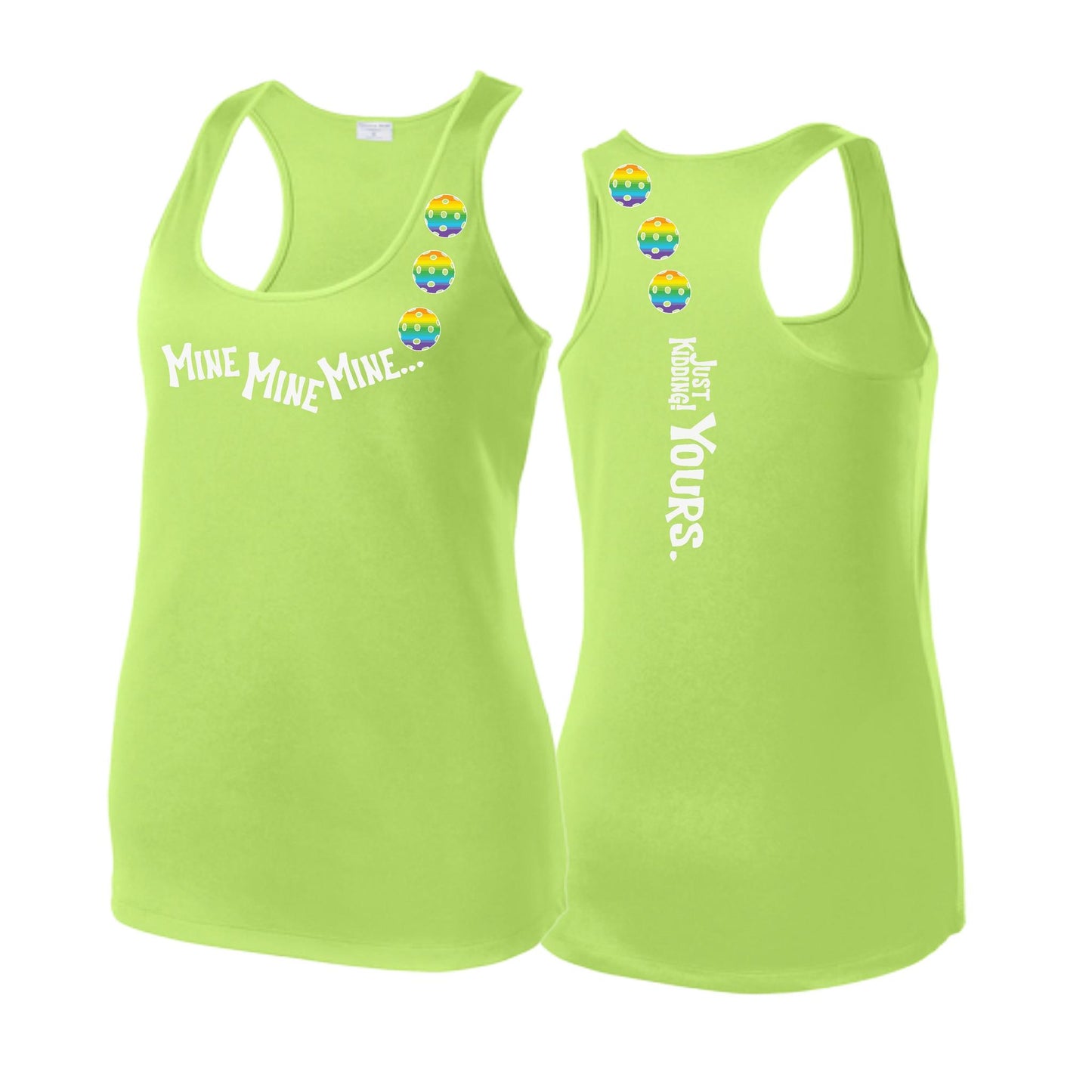 Mine JK Yours (Pickleballs Pink Purple Rainbow) | Women's Racerback Pickleball Tank | 100% Polyester