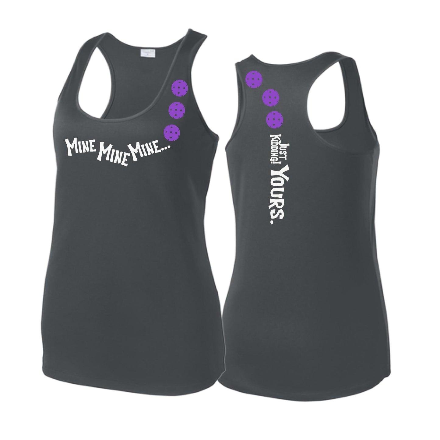 Mine JK Yours (Pickleballs Pink Purple Rainbow) | Women's Racerback Pickleball Tank | 100% Polyester
