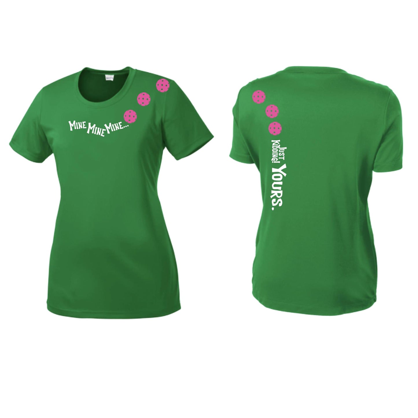 Mine JK Yours (Pickleballs Pink Purple Rainbow) | Women’s Short Sleeve Crewneck Pickleball Performance T-Shirts | 100% Polyester