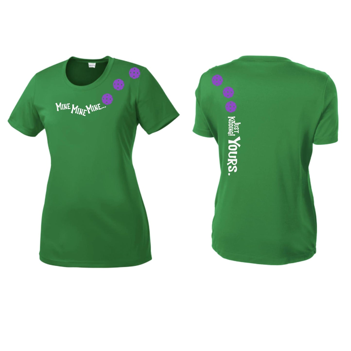Mine JK Yours (Pickleballs Pink Purple Rainbow) | Women’s Short Sleeve Crewneck Pickleball Performance T-Shirts | 100% Polyester