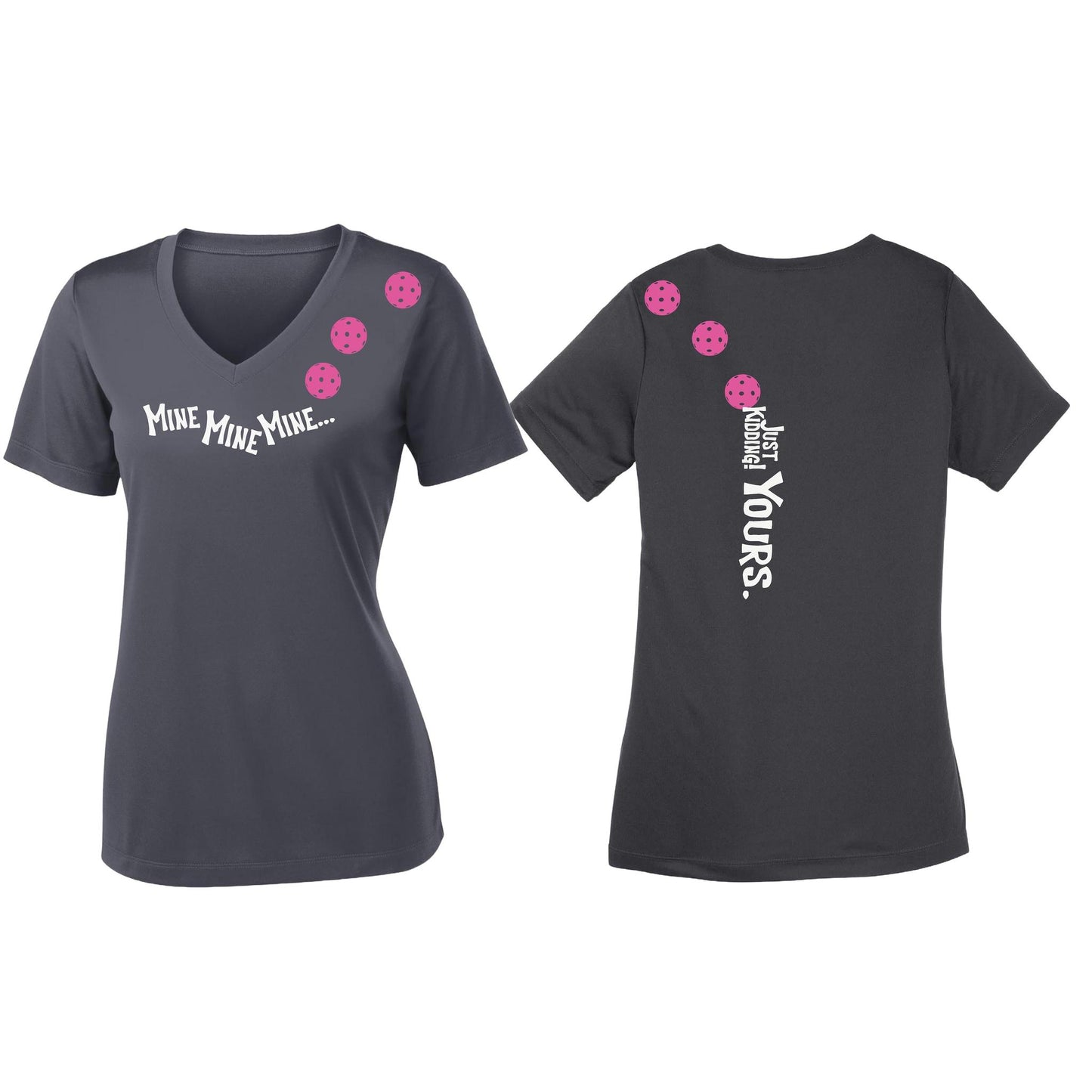 Mine JK Yours (Pickleballs Pink Purple Rainbow) | Women's Short Sleeve V-Neck Pickleball Performance T-Shirts | 100% Polyester
