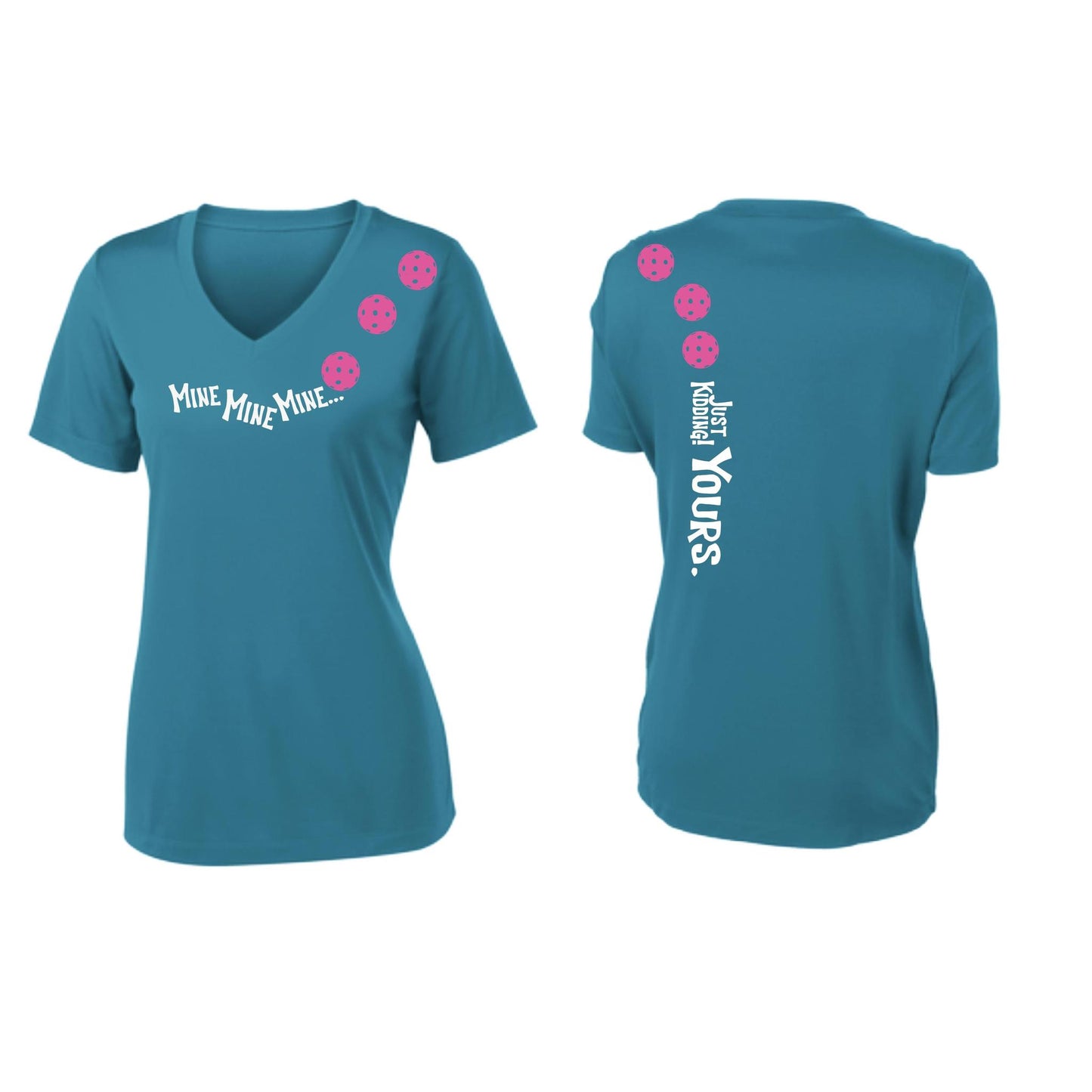 Mine JK Yours (Pickleballs Pink Purple Rainbow) | Women's Short Sleeve V-Neck Pickleball Performance T-Shirts | 100% Polyester