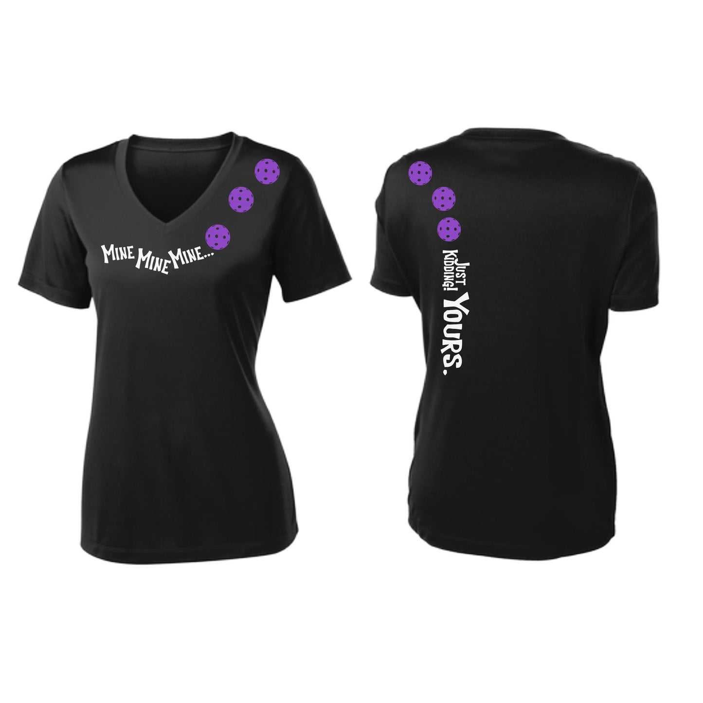 Mine JK Yours (Pickleballs Pink Purple Rainbow) | Women's Short Sleeve V-Neck Pickleball Performance T-Shirts | 100% Polyester