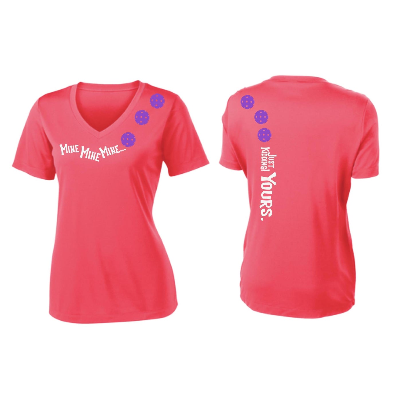 Mine JK Yours (Pickleballs Pink Purple Rainbow) | Women's Short Sleeve V-Neck Pickleball Performance T-Shirts | 100% Polyester
