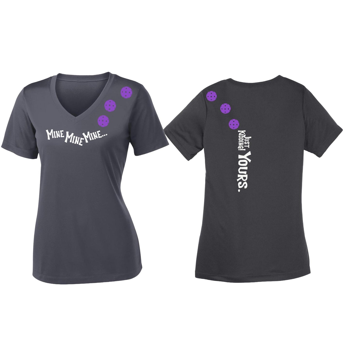 Mine JK Yours (Pickleballs Pink Purple Rainbow) | Women's Short Sleeve V-Neck Pickleball Performance T-Shirts | 100% Polyester