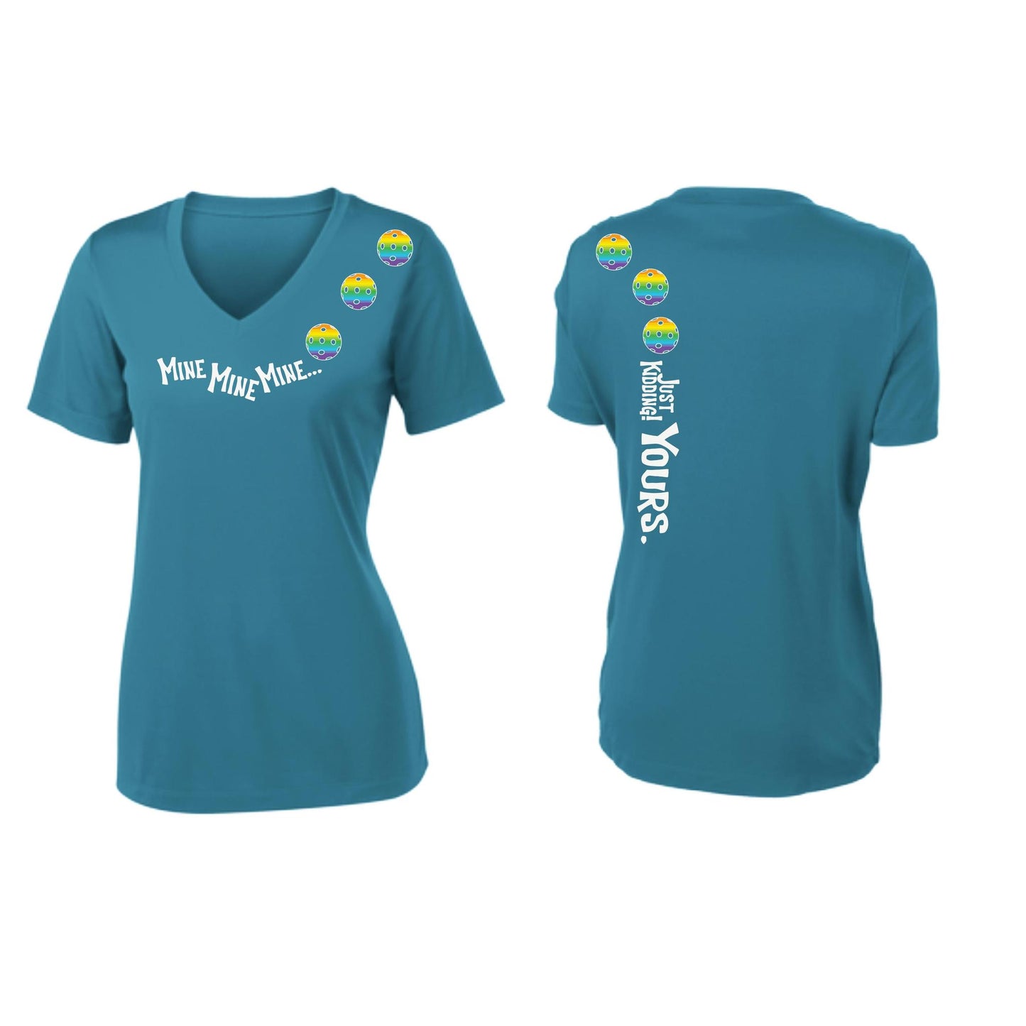 Mine JK Yours (Pickleballs Pink Purple Rainbow) | Women's Short Sleeve V-Neck Pickleball Performance T-Shirts | 100% Polyester