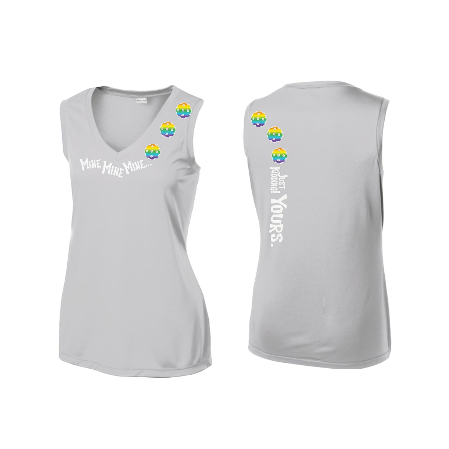 Mine JK Yours (Pickleballs Pink Purple Rainbow) | Women’s Sleeveless Athletic Performance T-Shirt | 100% Polyester