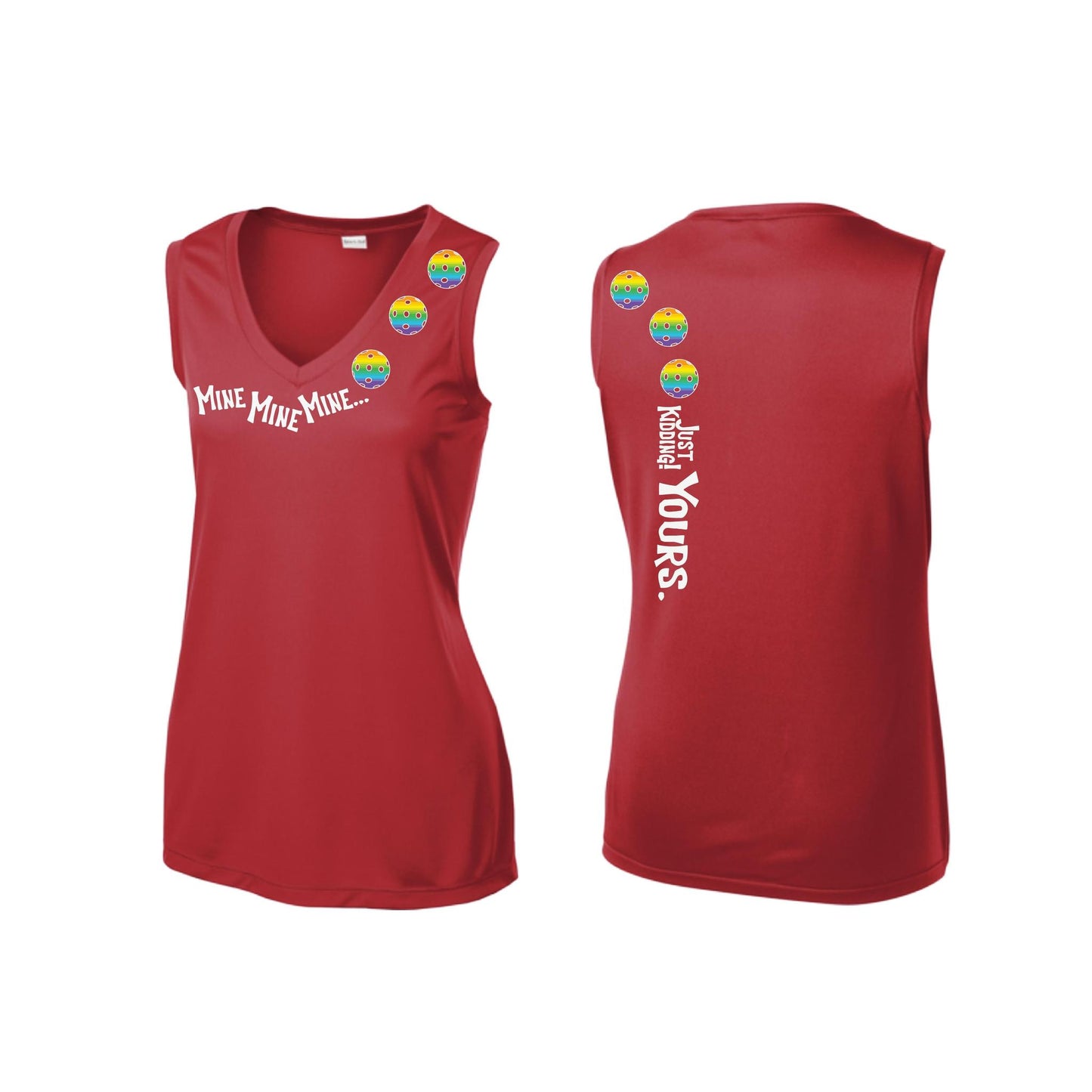 Mine JK Yours (Pickleballs Pink Purple Rainbow) | Women’s Sleeveless Athletic Performance T-Shirt | 100% Polyester