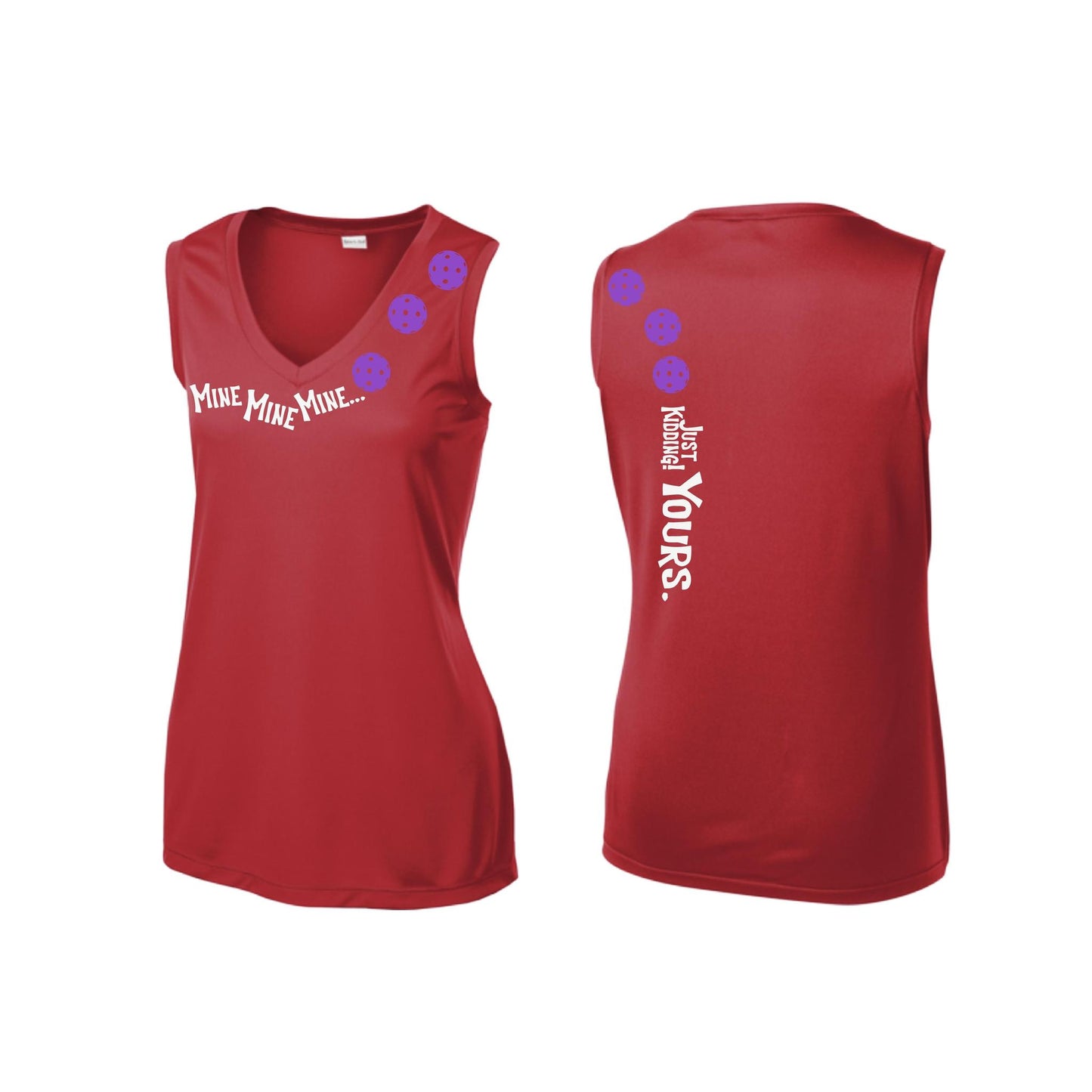 Mine JK Yours (Pickleballs Pink Purple Rainbow) | Women’s Sleeveless Athletic Performance T-Shirt | 100% Polyester