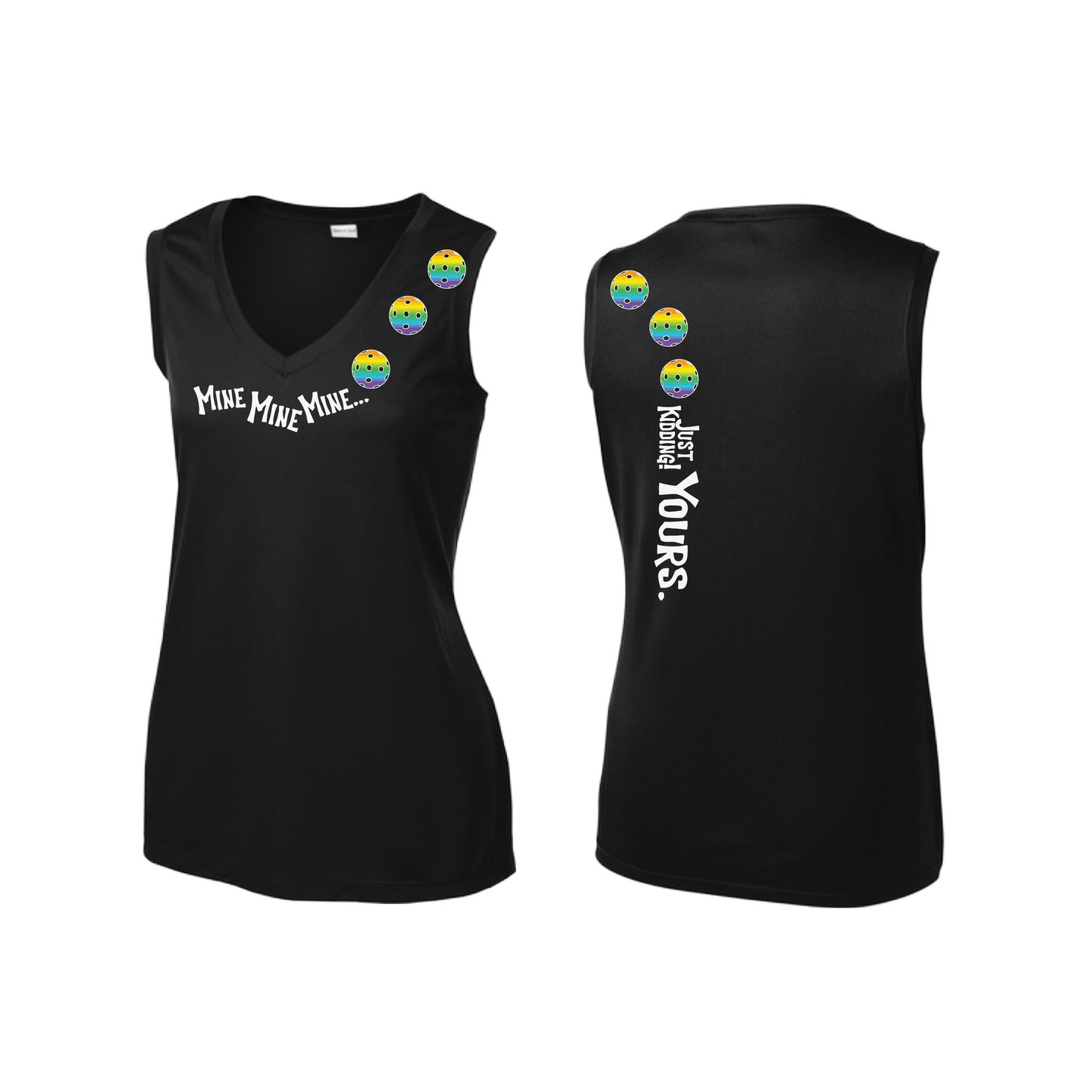 Mine JK Yours (Pickleballs Pink Purple Rainbow) | Women’s Sleeveless Athletic Performance T-Shirt | 100% Polyester