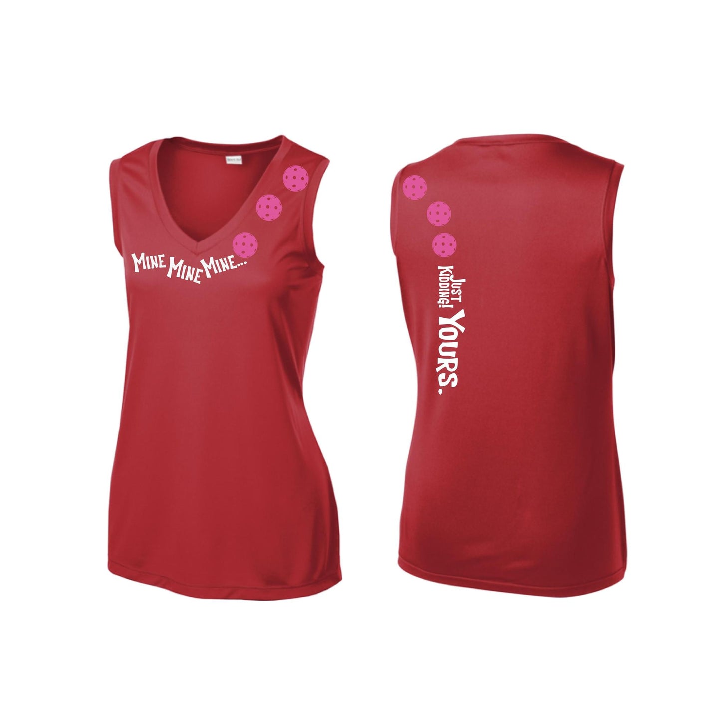 Mine JK Yours (Pickleballs Pink Purple Rainbow) | Women’s Sleeveless Athletic Performance T-Shirt | 100% Polyester