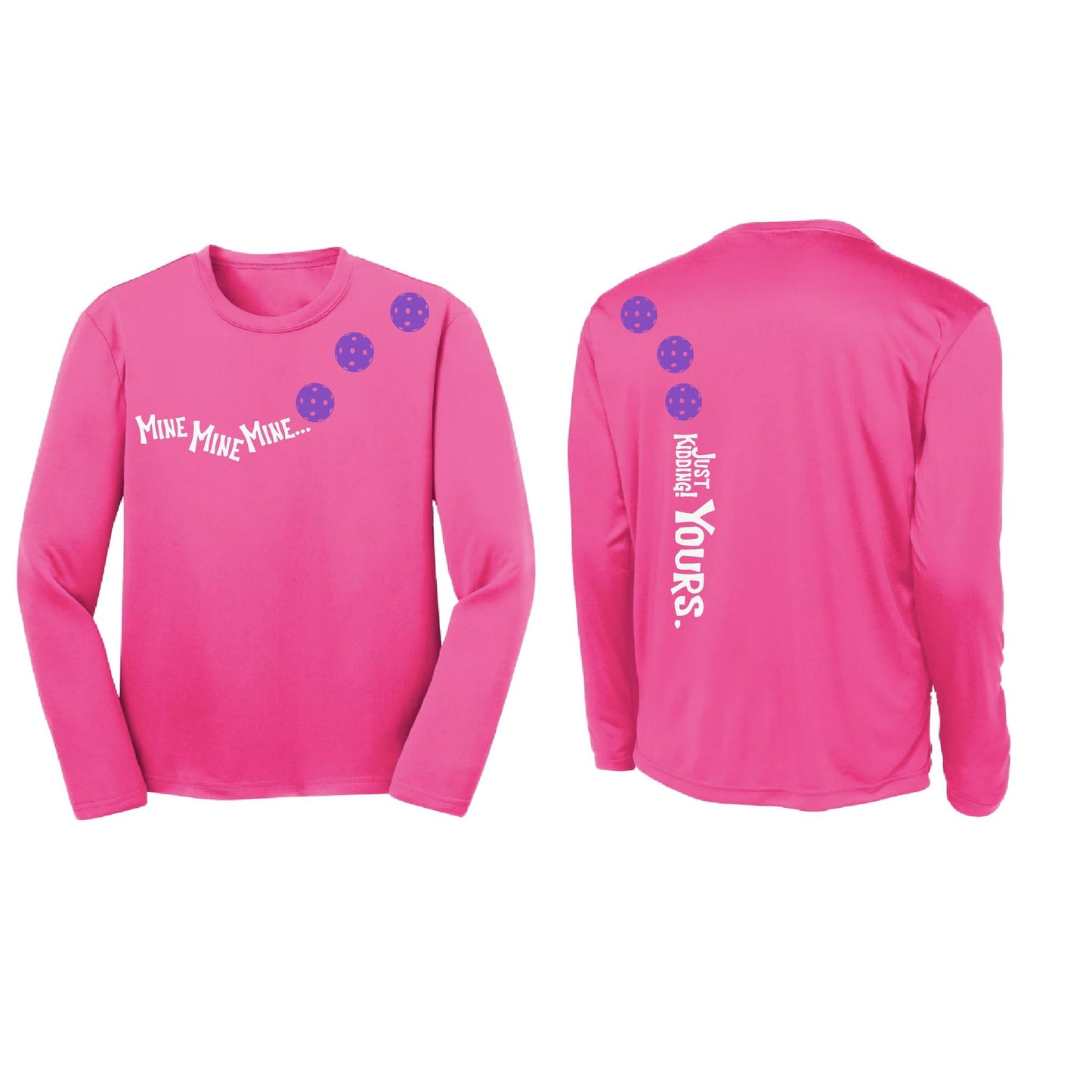 Mine JK Yours (Pickleballs Pink Purple Rainbow) | Youth Long Sleeve Pickleball Performance T-Shirts | 100% Polyester