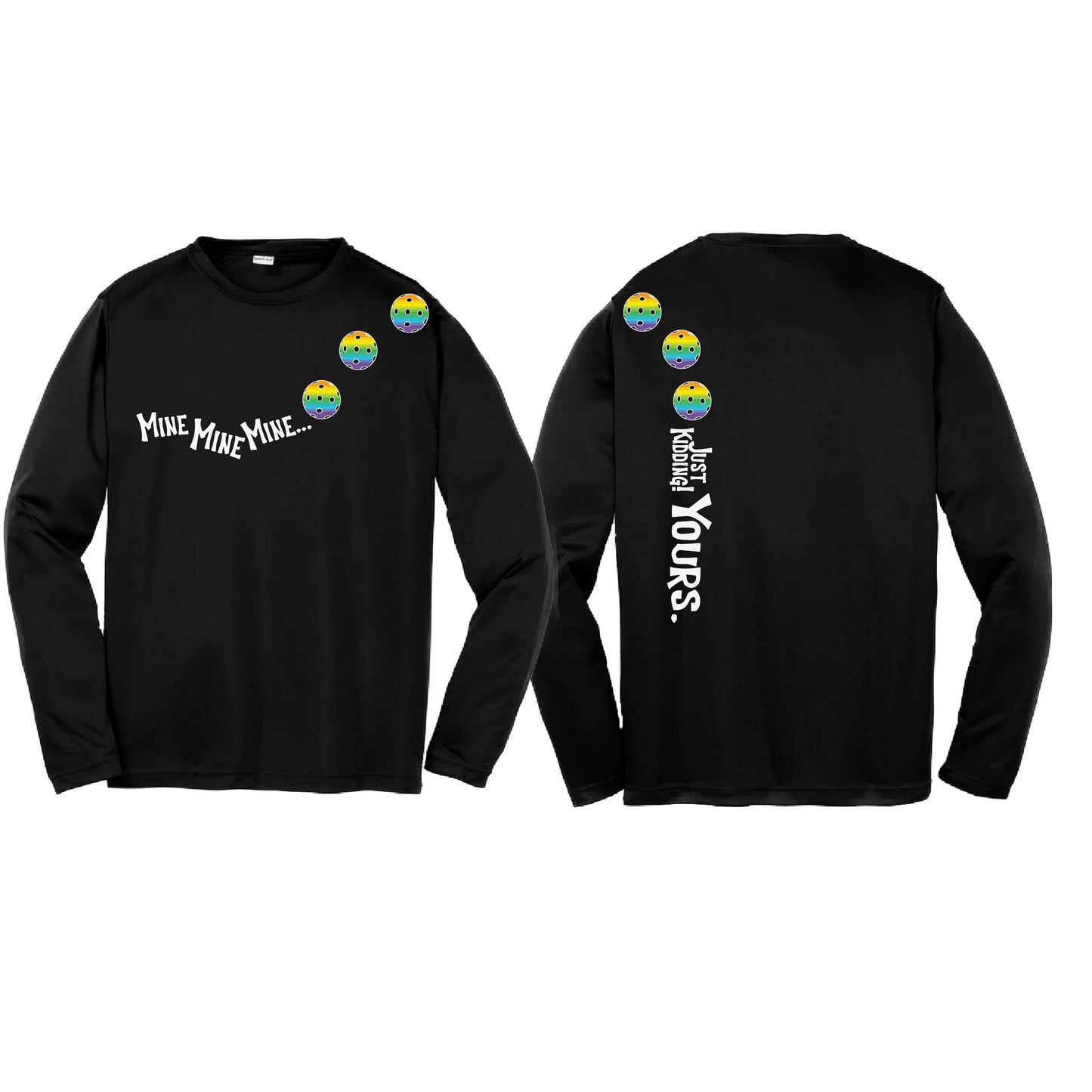 Mine JK Yours (Pickleballs Pink Purple Rainbow) | Youth Long Sleeve Pickleball Performance T-Shirts | 100% Polyester