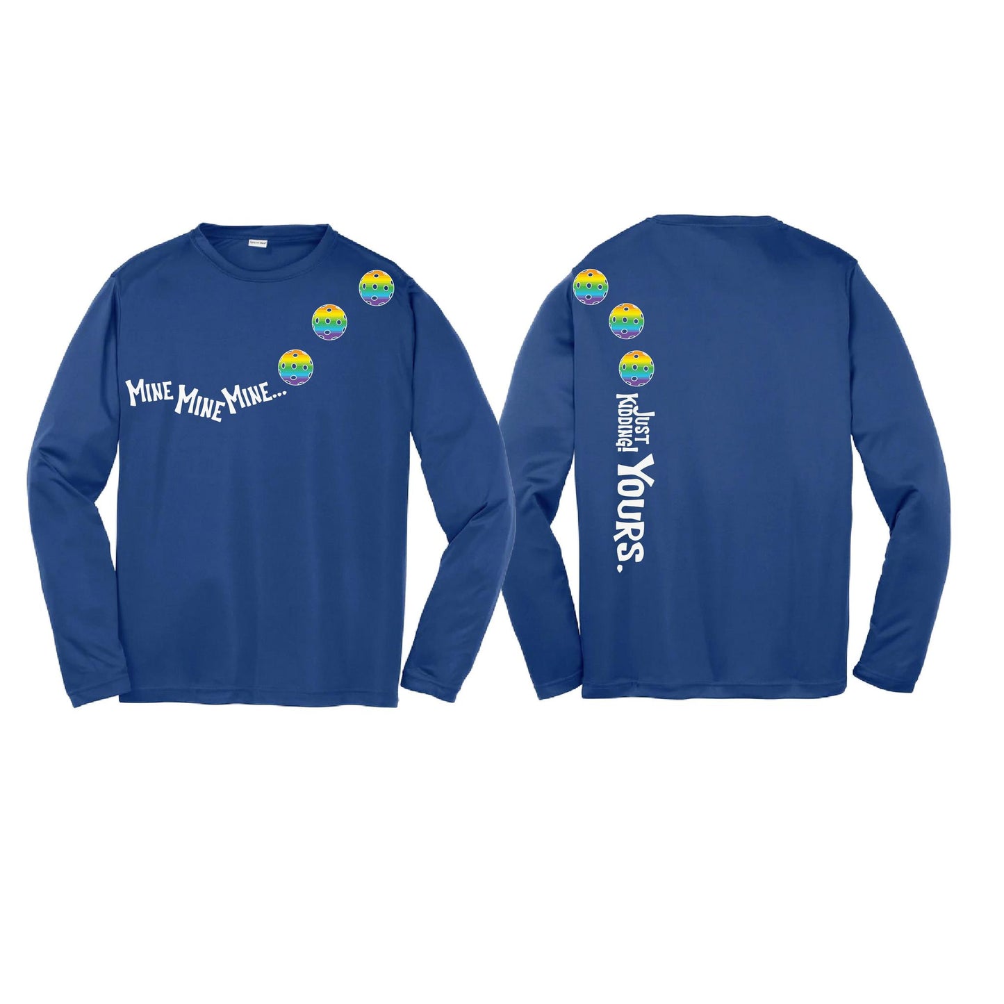 Mine JK Yours (Pickleballs Pink Purple Rainbow) | Youth Long Sleeve Pickleball Performance T-Shirts | 100% Polyester