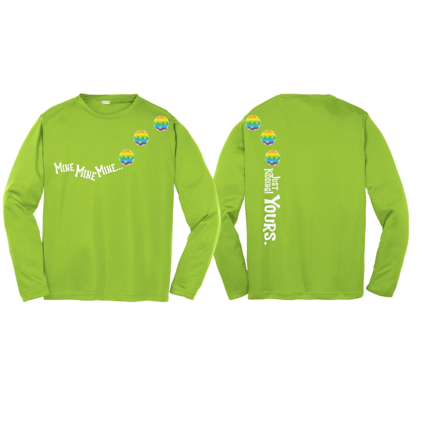 Mine JK Yours (Pickleballs Pink Purple Rainbow) | Youth Long Sleeve Pickleball Performance T-Shirts | 100% Polyester