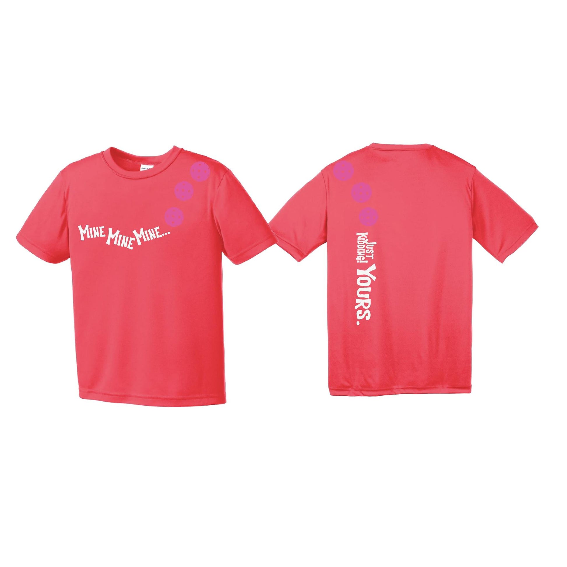 Mine JK Yours (Pickleballs Pink Purple Rainbow) | Youth Short Sleeve Pickleball Performance T-Shirts | 100% Polyester