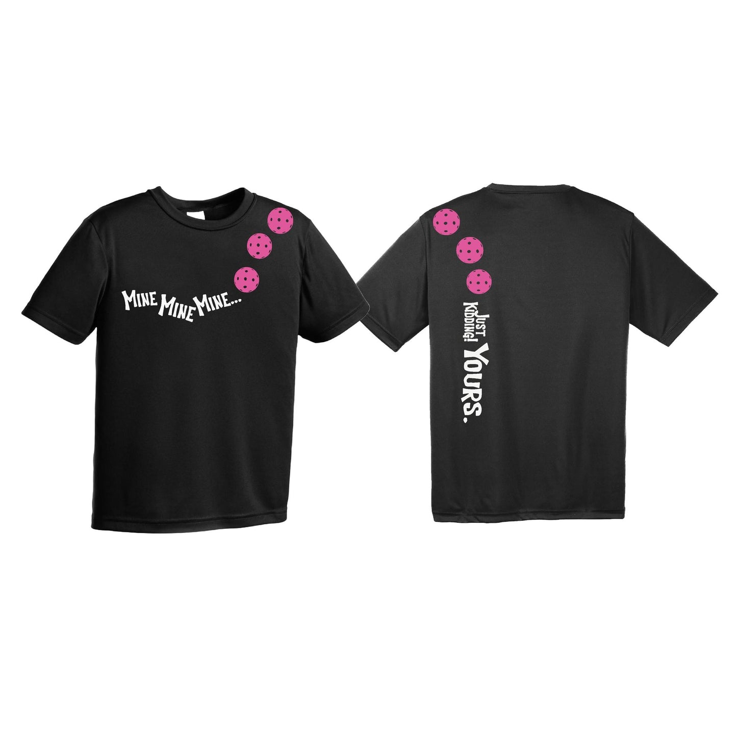 Mine JK Yours (Pickleballs Pink Purple Rainbow) | Youth Short Sleeve Pickleball Performance T-Shirts | 100% Polyester