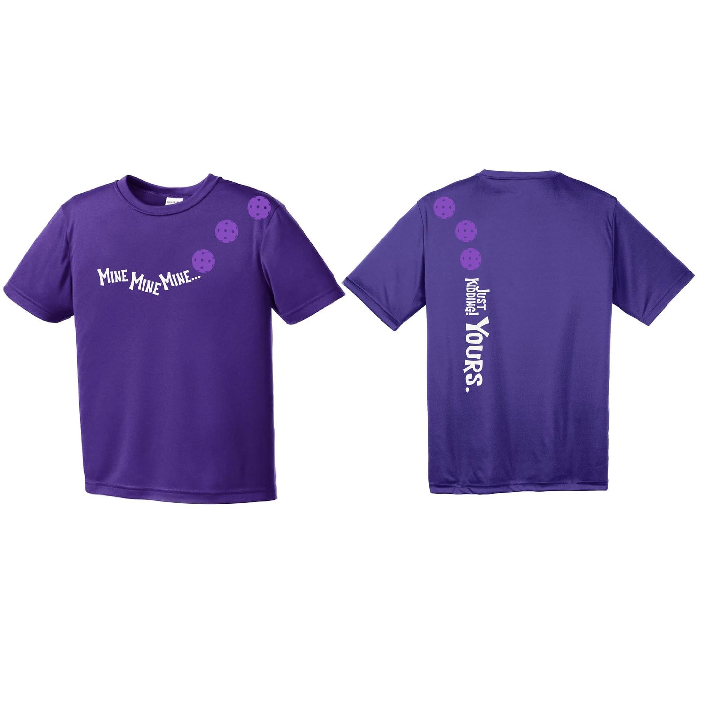 Mine JK Yours (Pickleballs Pink Purple Rainbow) | Youth Short Sleeve Pickleball Performance T-Shirts | 100% Polyester