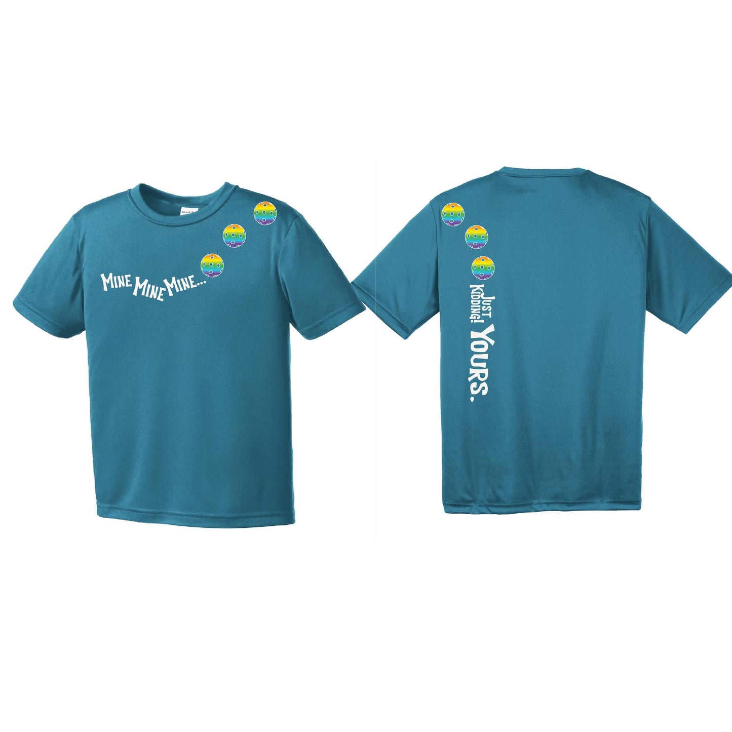 Mine JK Yours (Pickleballs Pink Purple Rainbow) | Youth Short Sleeve Pickleball Performance T-Shirts | 100% Polyester